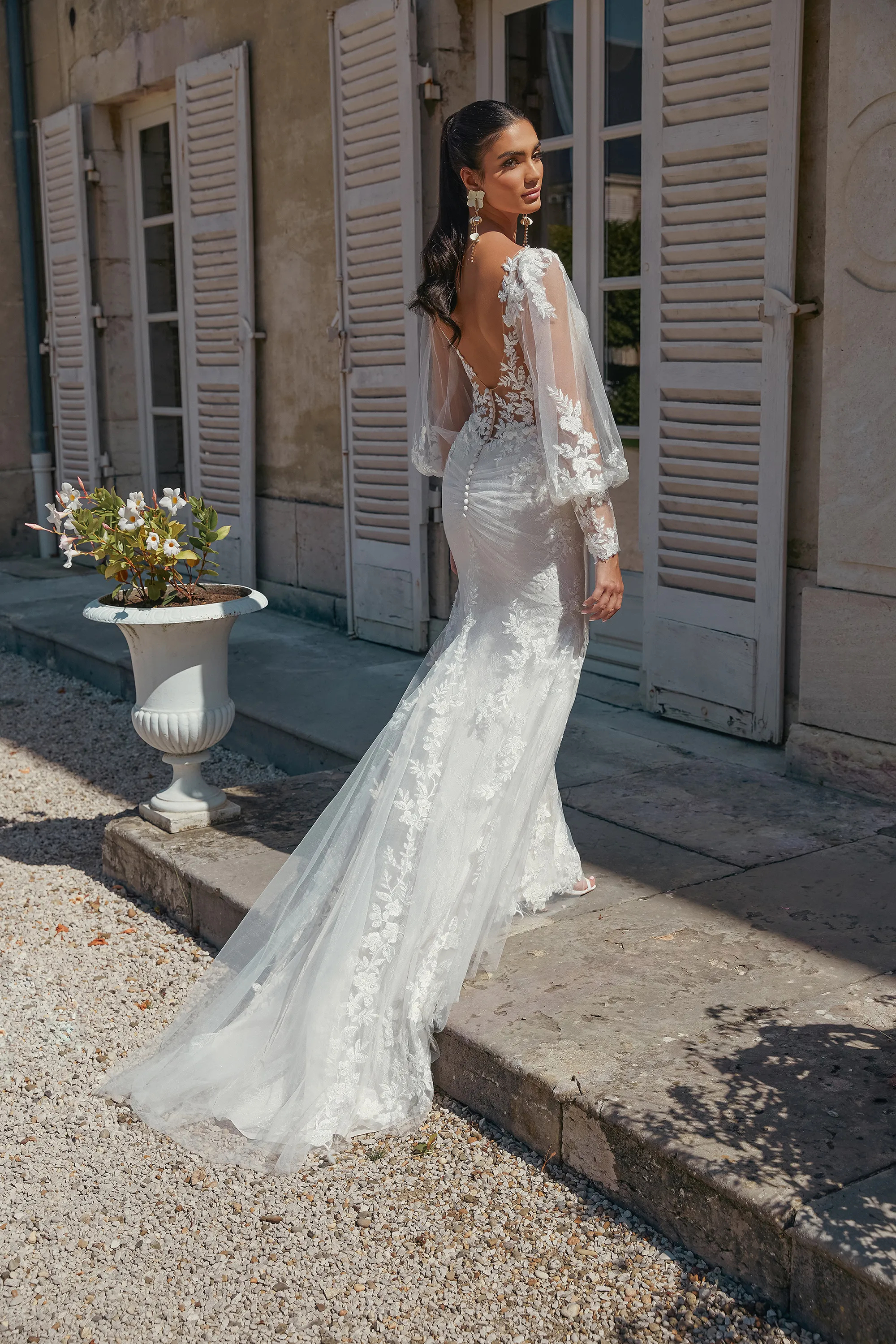 Graceful Plunge V-Neck Sequins Lace Sweep Train Wedding Dress 44465 