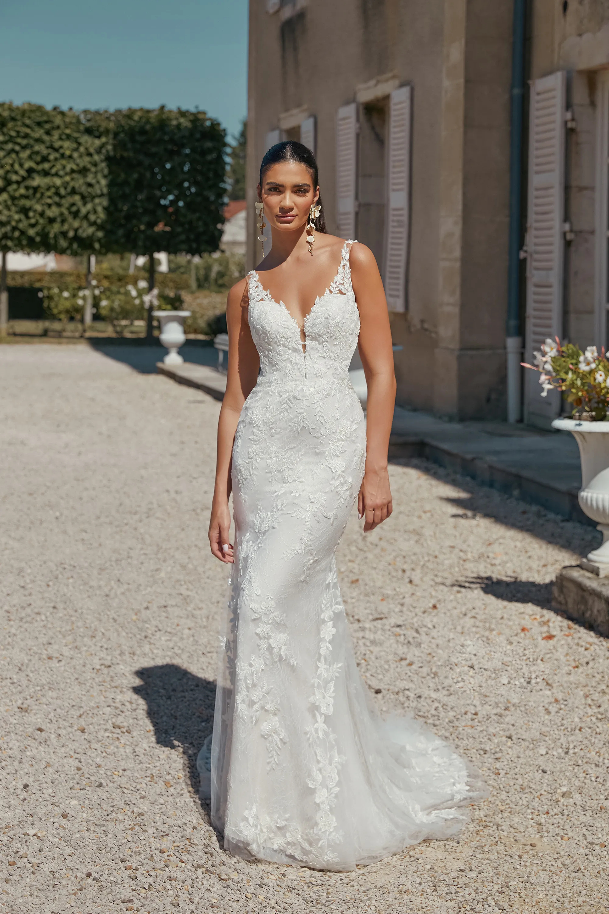 Graceful Plunge V-Neck Sequins Lace Sweep Train Wedding Dress 44465 