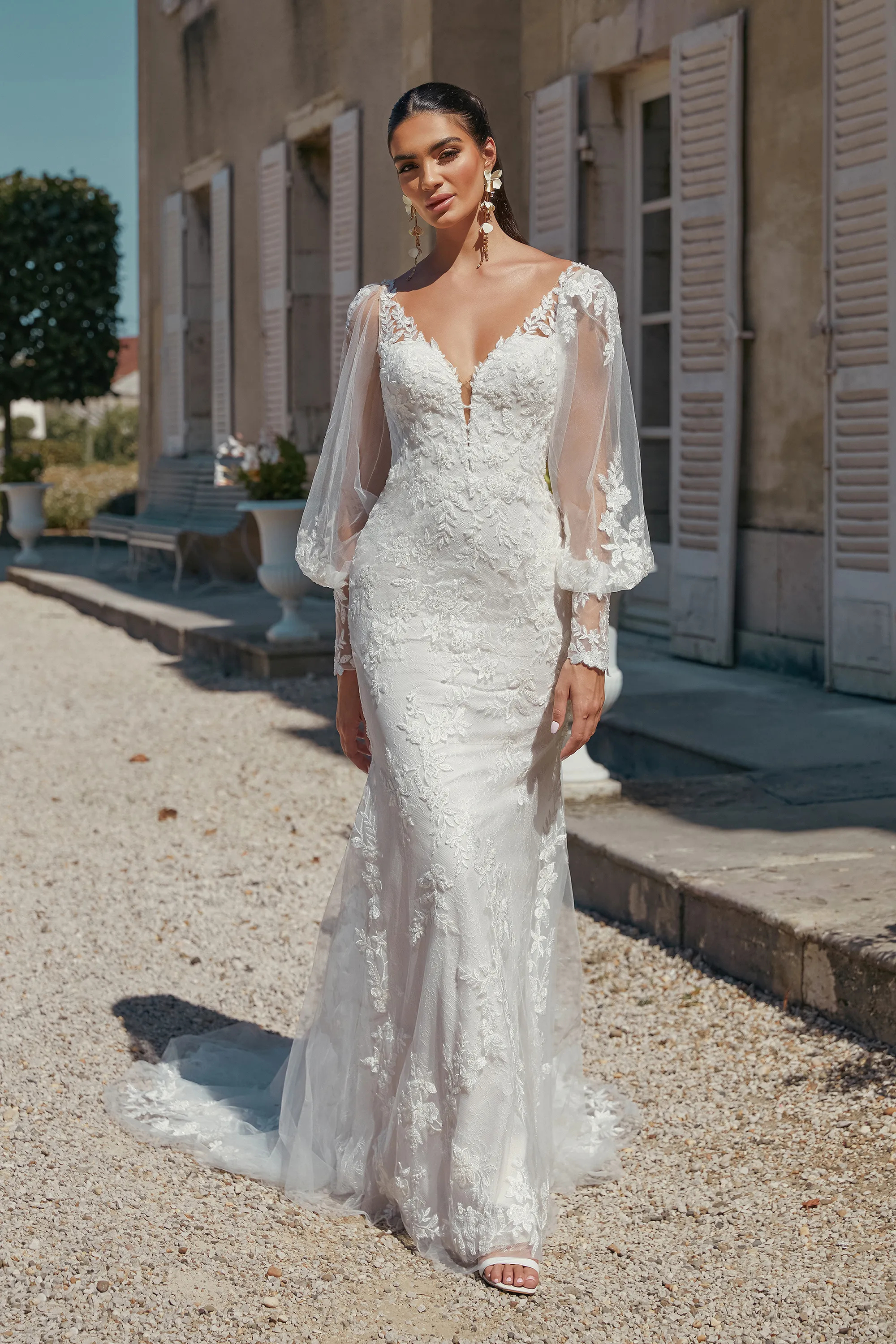 Graceful Plunge V-Neck Sequins Lace Sweep Train Wedding Dress 44465