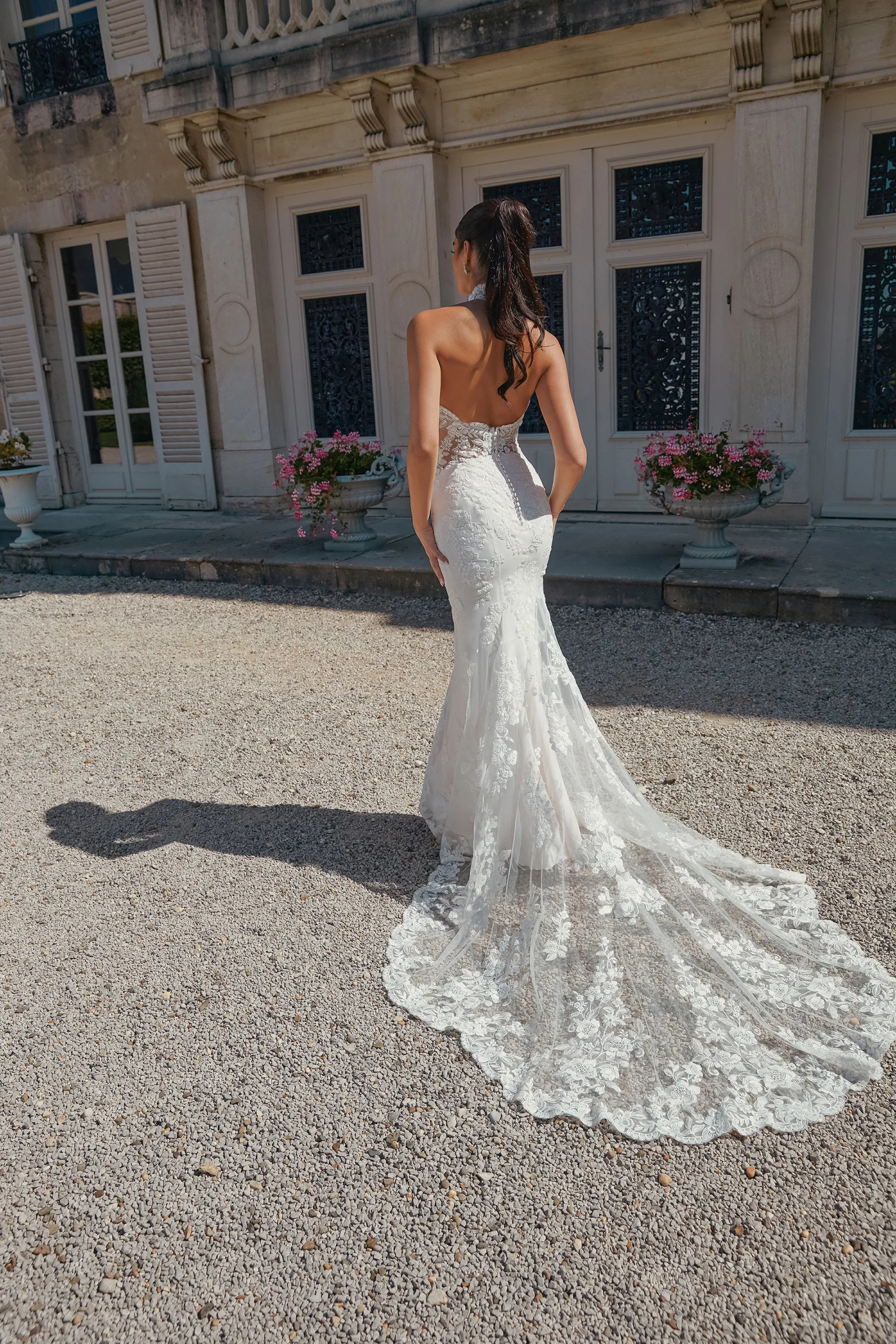 Fit and Flare Plunging Halter Sequins Lace Chapel Train Wedding Dress 44467