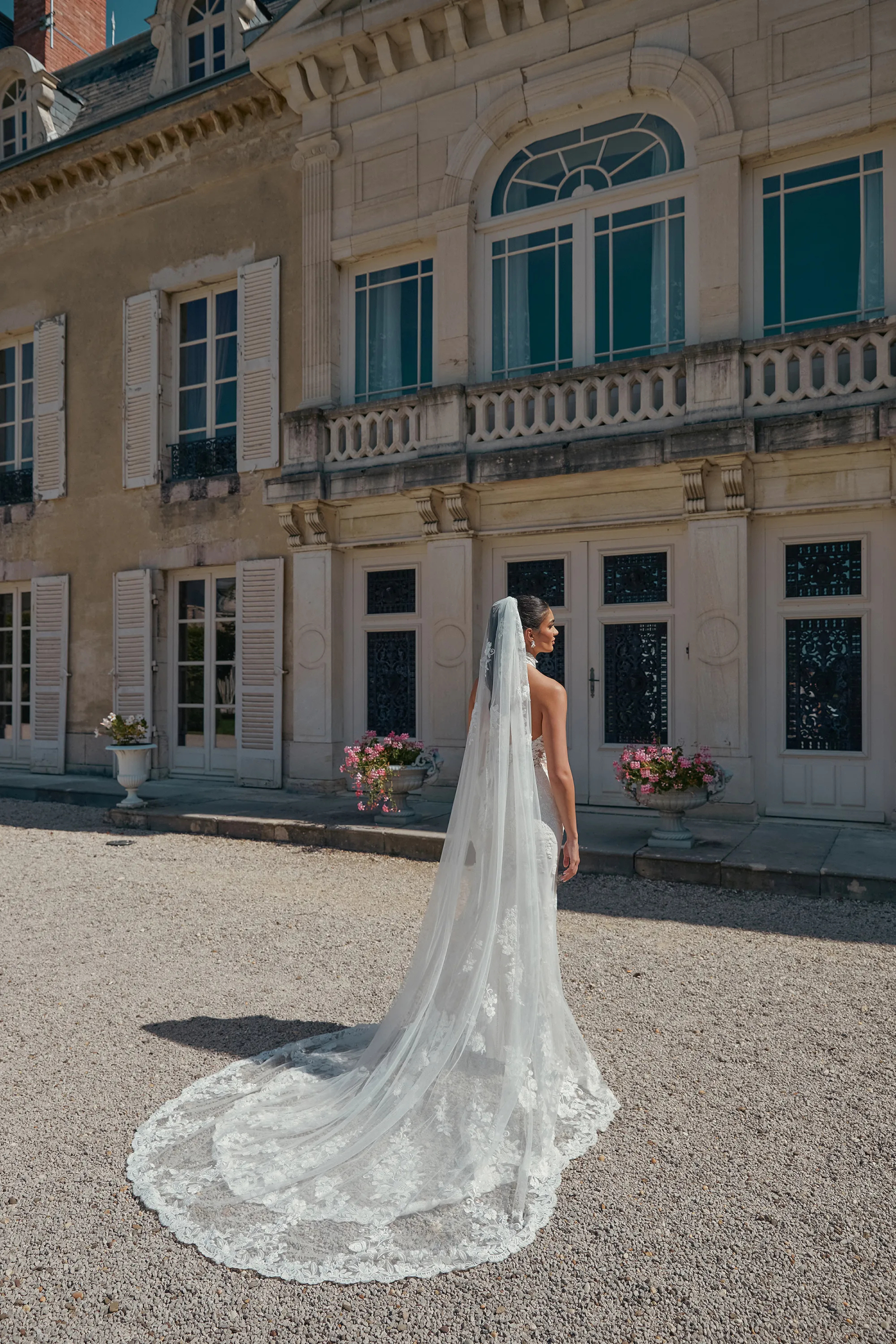 Fit and Flare Plunging Halter Sequins Lace Chapel Train Wedding Dress 44467