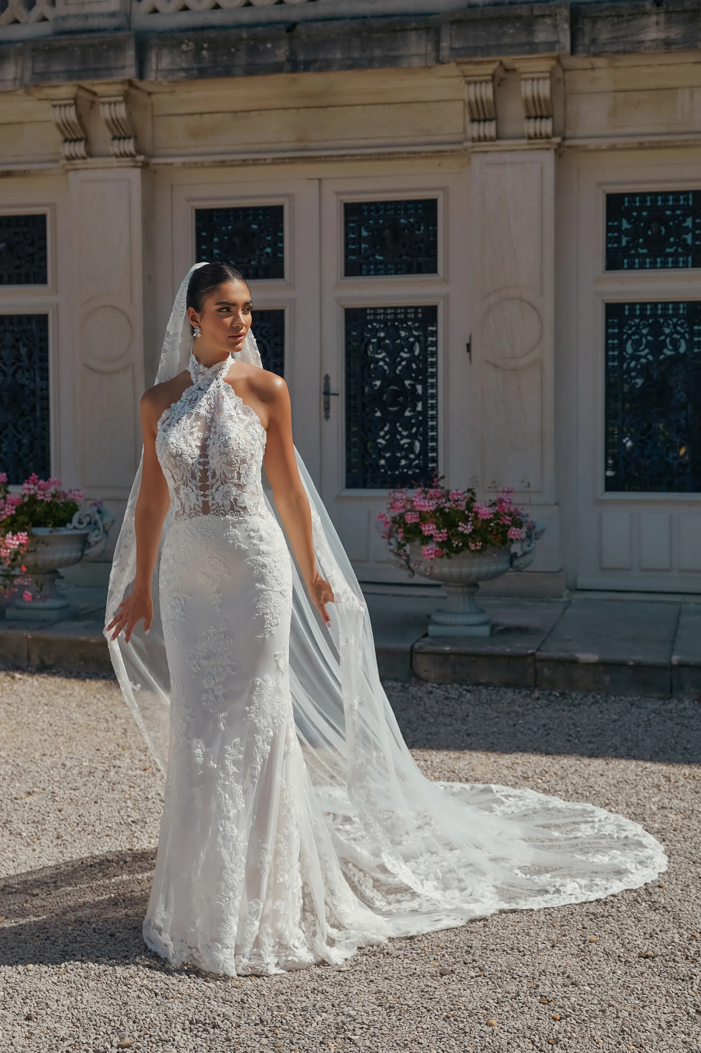 Fit and Flare Plunging Halter Sequins Lace Chapel Train Wedding Dress 44467