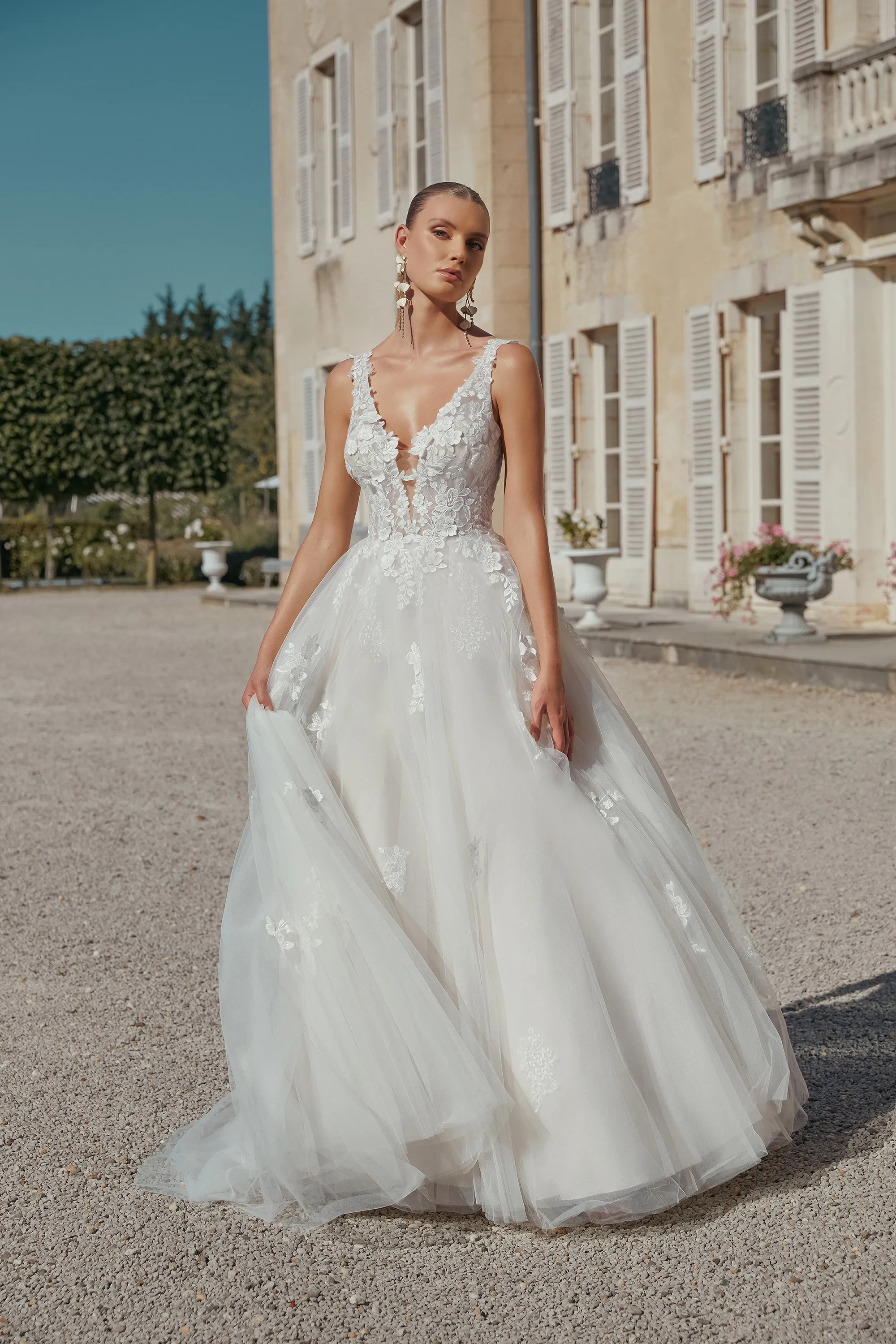 Ball Gown Plunge V-Neck 3D Lace Appliques Wedding Dress 44468  Vipbridals