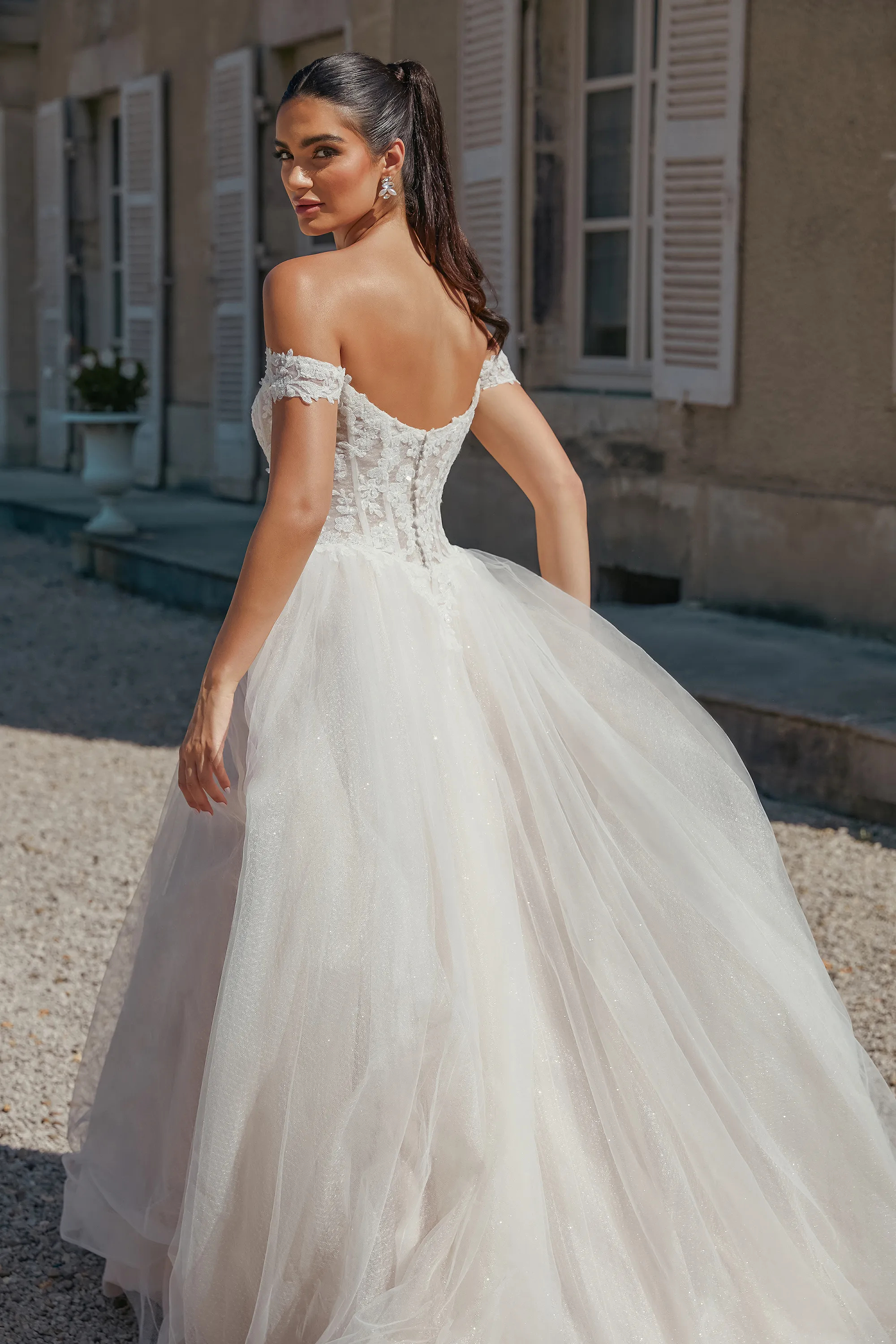 Ball Gown Off the Shoulder Basque Sequins Lace Wedding Dress 44469