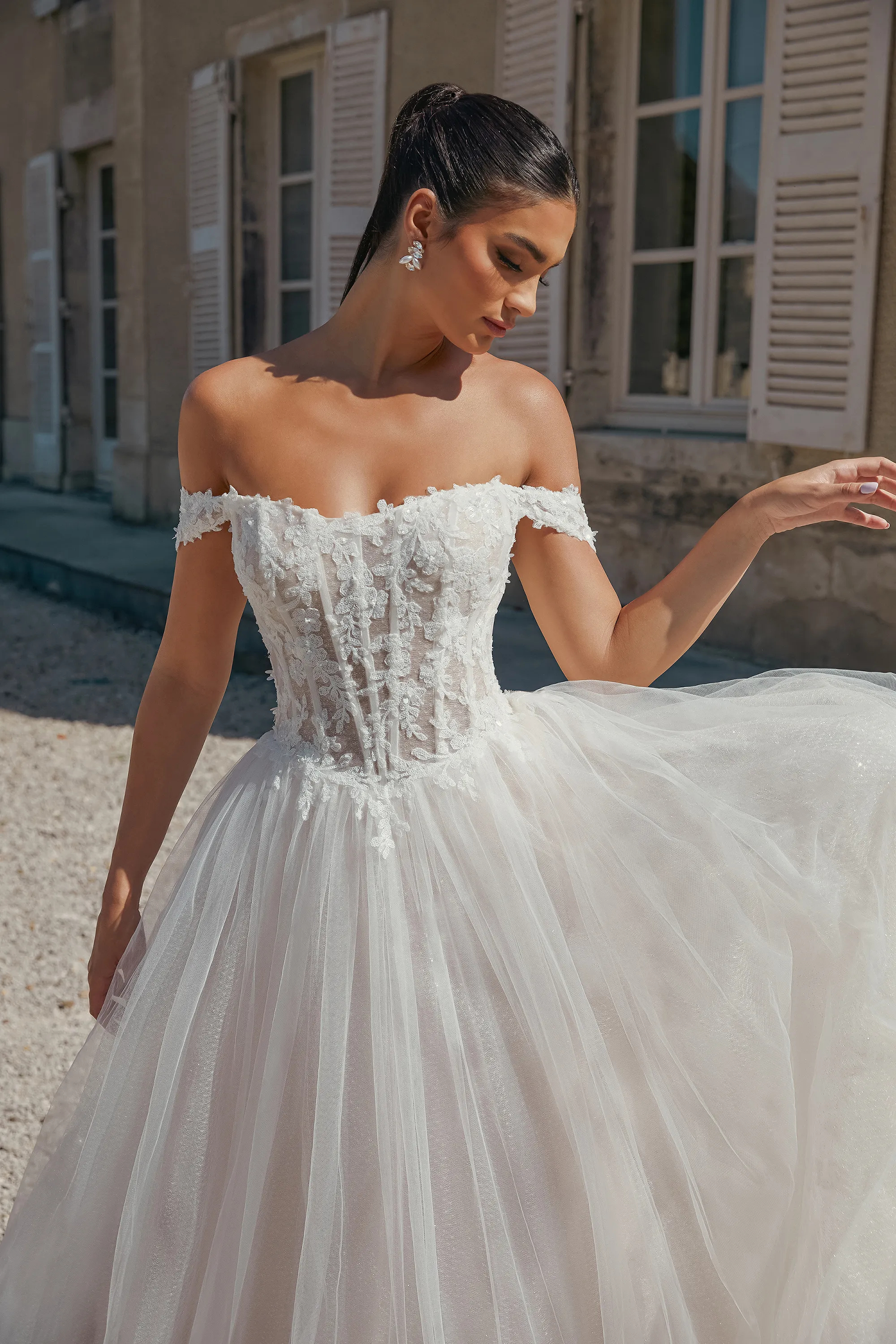 Ball Gown Off the Shoulder Basque Sequins Lace Wedding Dress 44469