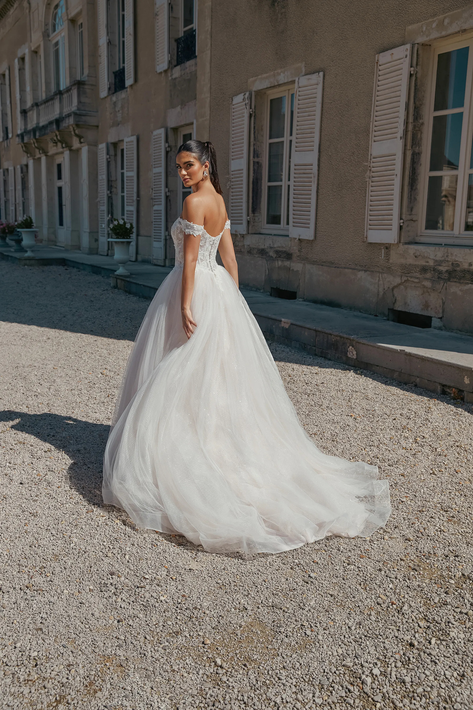 Ball Gown Off the Shoulder Basque Sequins Lace Wedding Dress 44469