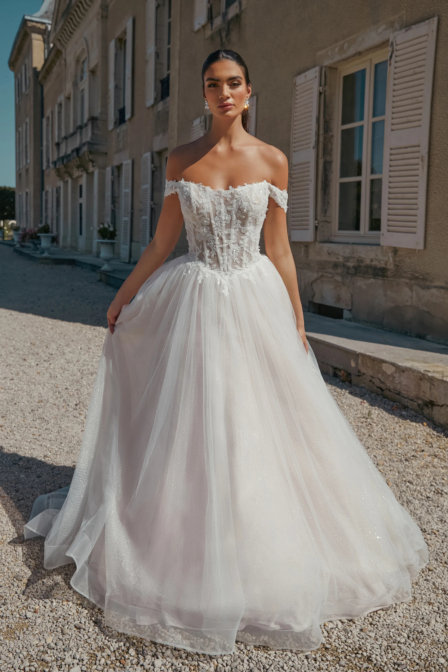 Ball Gown Off the Shoulder Basque Sequins Lace Wedding Dress 44469