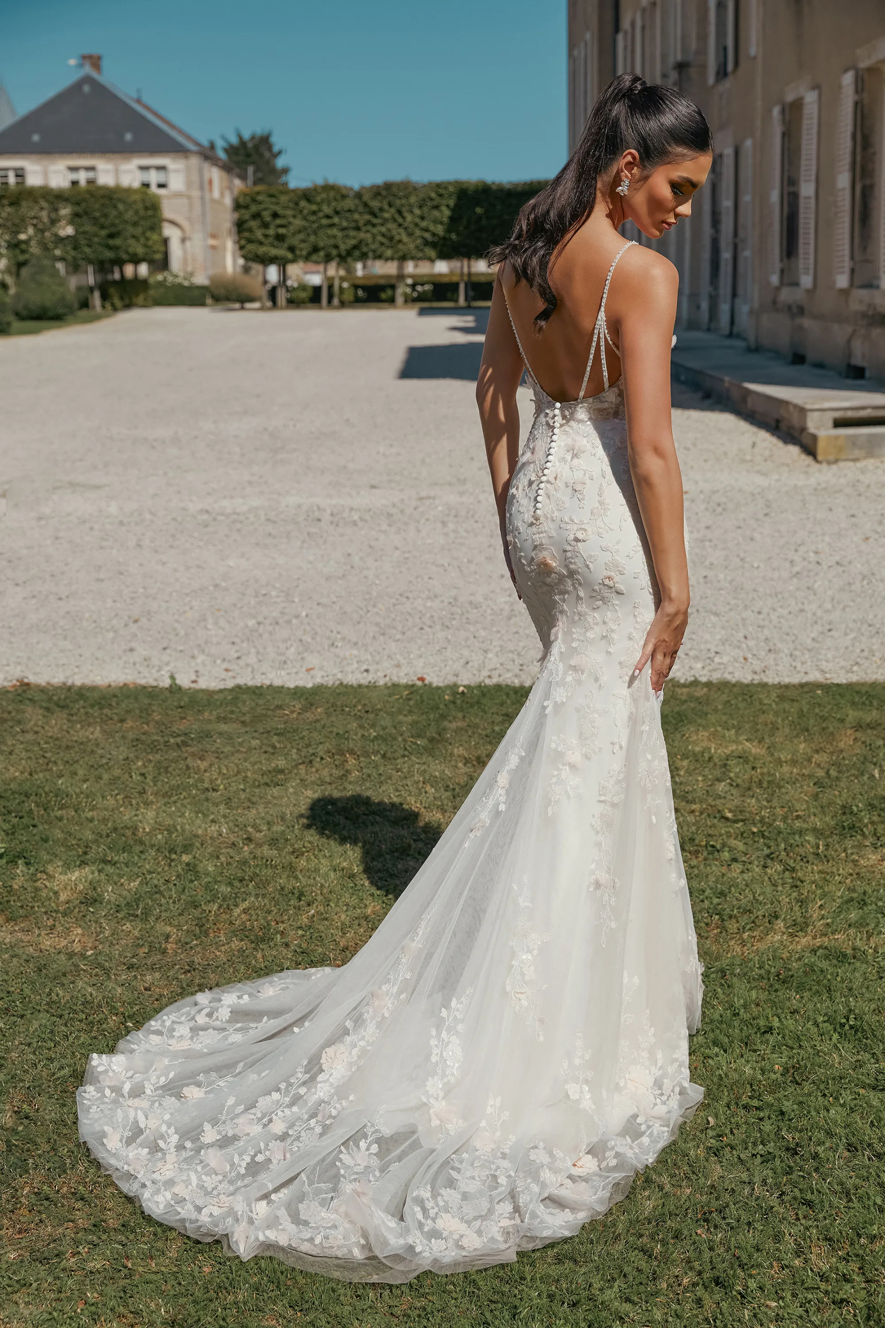 Fit and Flare Bikini 3D Petals Sequins Lace Embellished Wedding Dress 44471