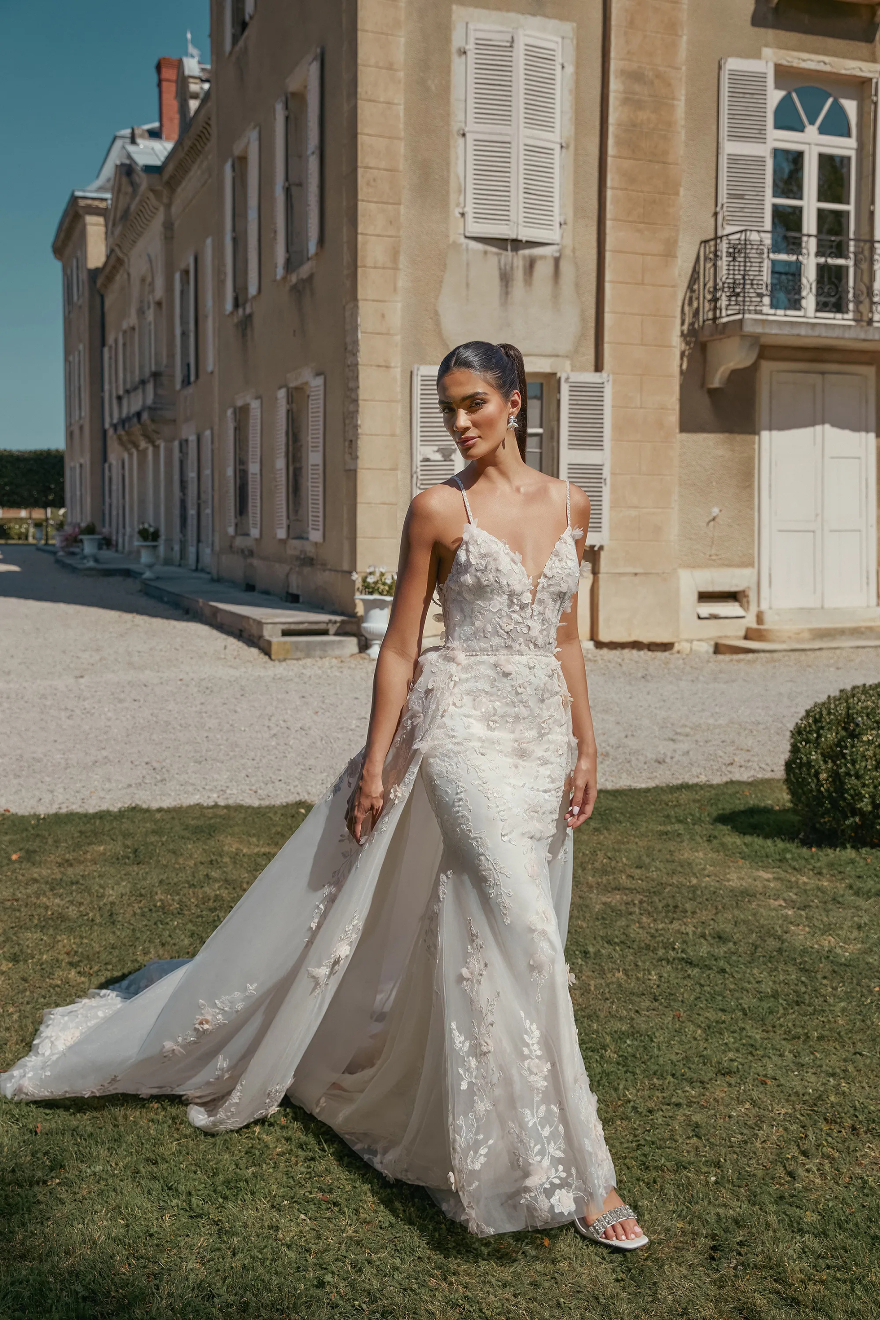 Fit and Flare Bikini 3D Petals Sequins Lace Embellished Wedding Dress 44471