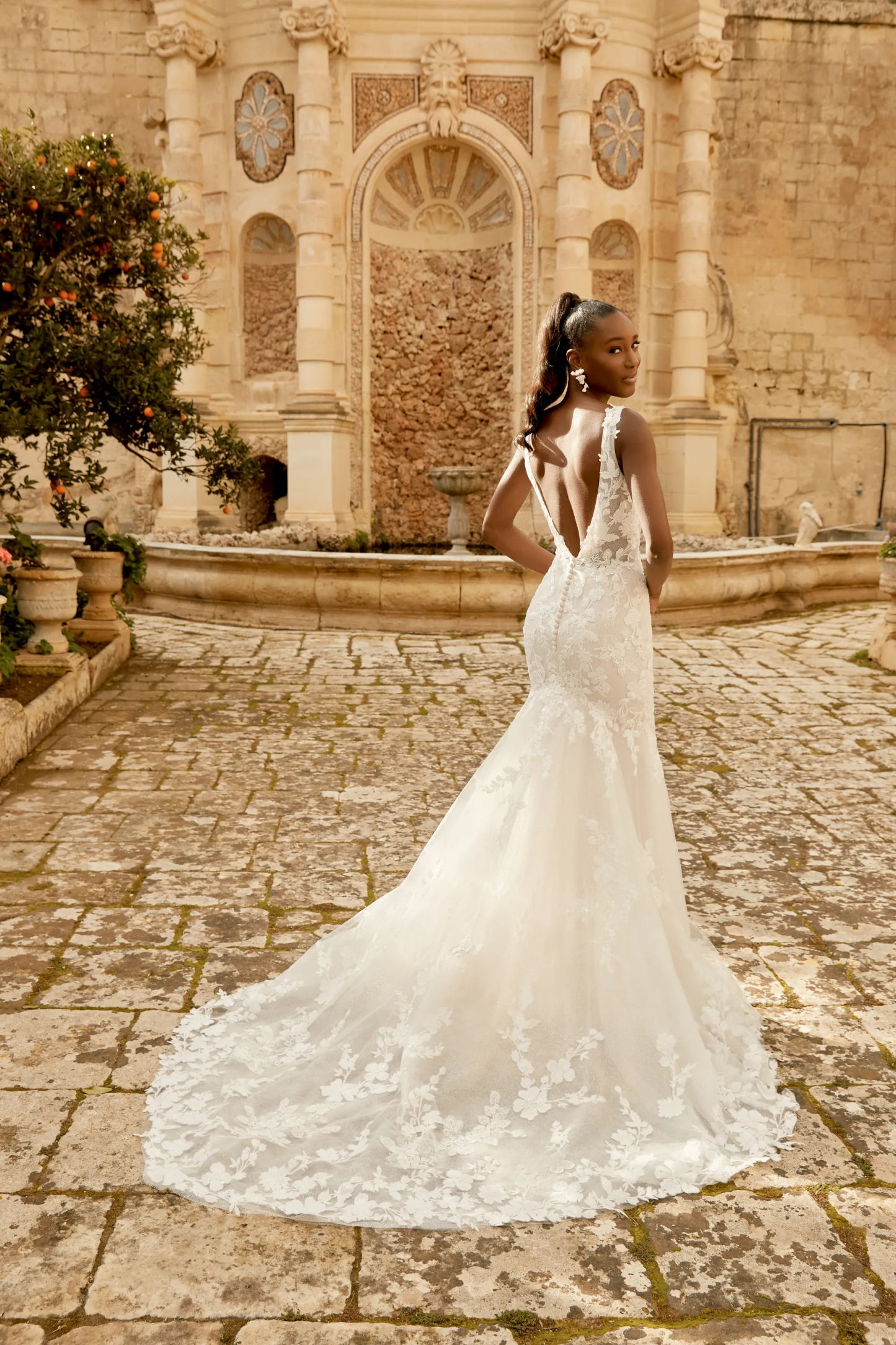 Graceful Trumpet Plunge V-neck Sequins Lace Chapel Wedding Dress 44491