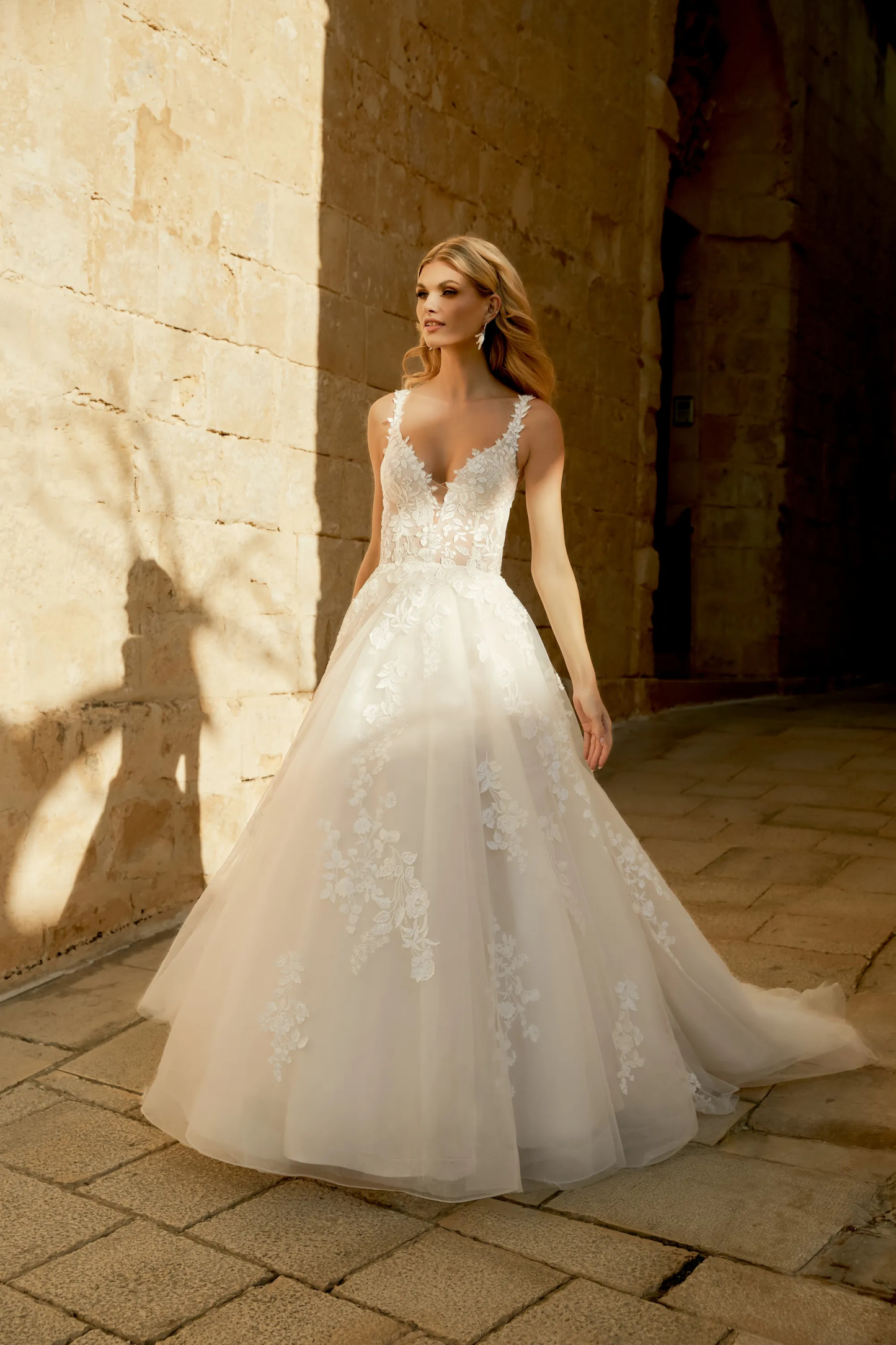 A-Line Plunge V-Neck Sequins Lace Chapel Length Train Wedding Dress 44492