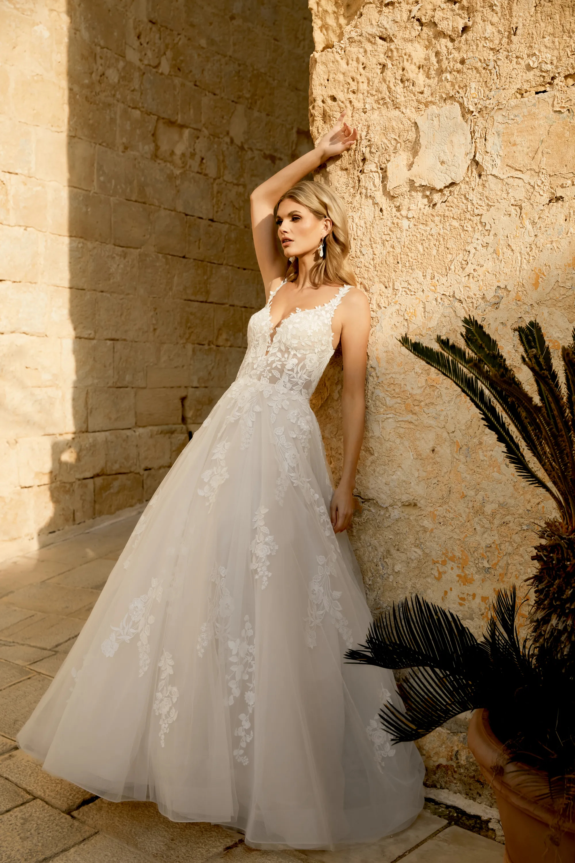 A-Line Plunge V-Neck Sequins Lace Chapel Length Train Wedding Dress 44492