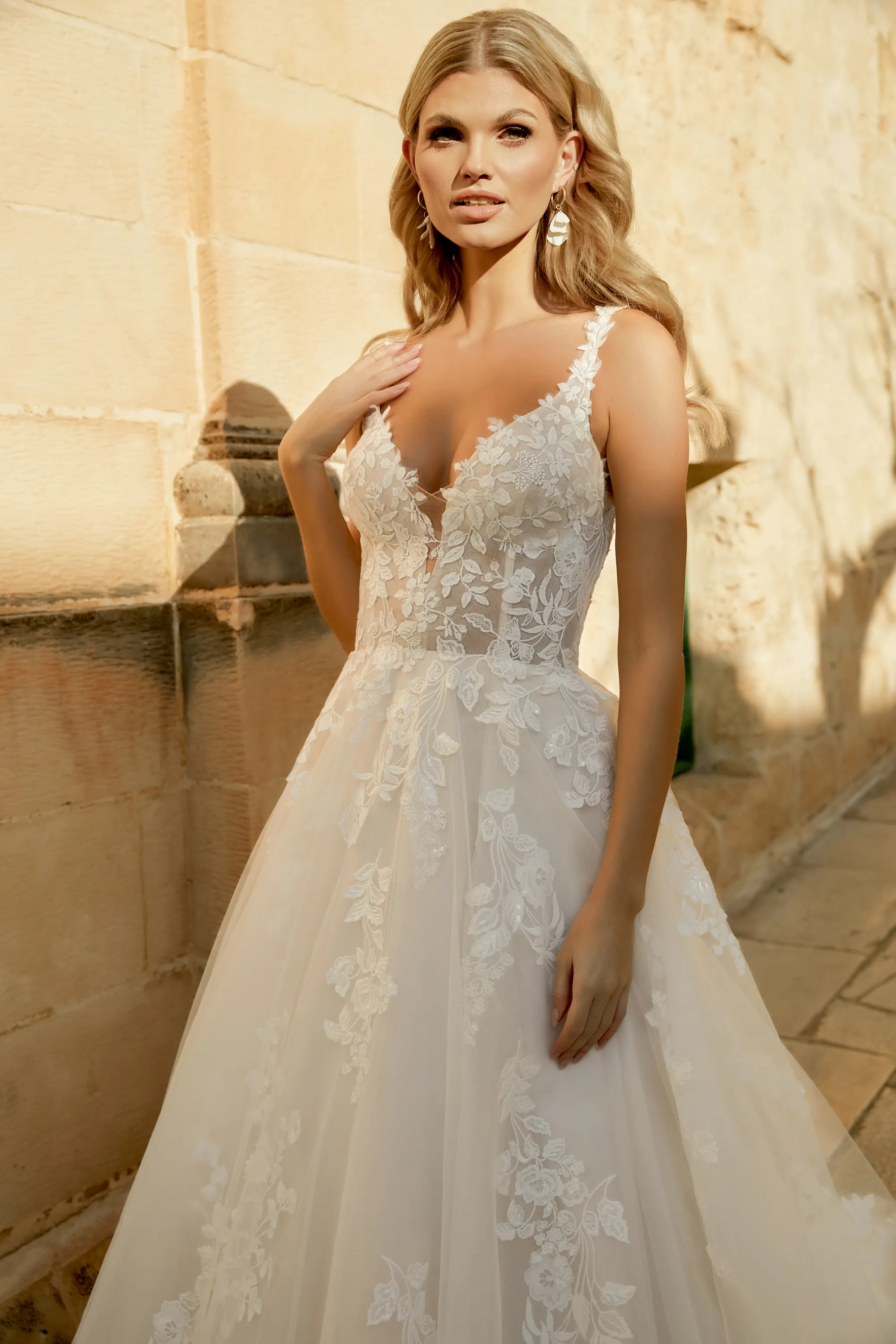 A-Line Plunge V-Neck Sequins Lace Chapel Length Train Wedding Dress
