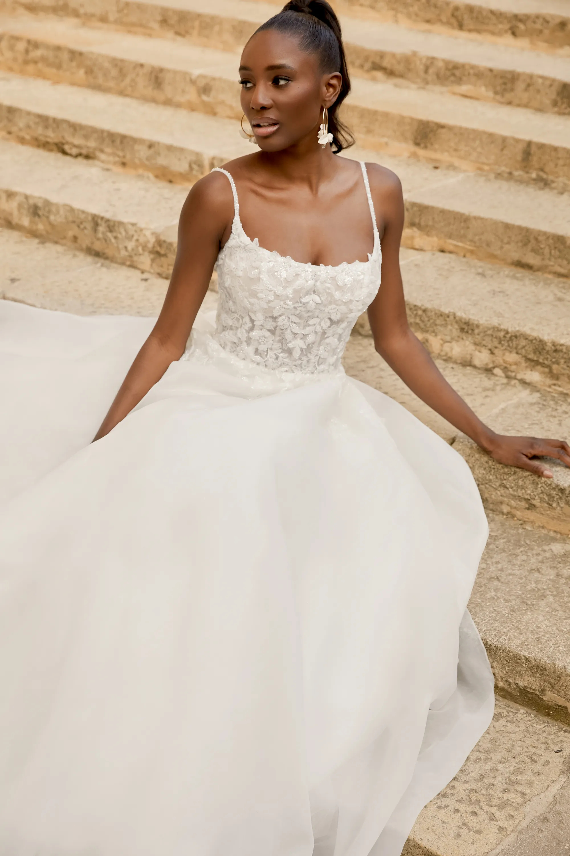 A-Line Scoop Sequins Organza Chapel Length Train Wedding Dress 44497    