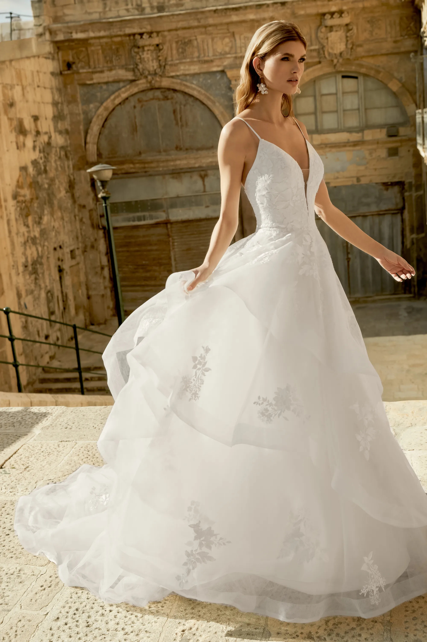 Ball Gown Plunge V-Neck Embroidery Lace Chapel Length Train Wedding Dress 44499