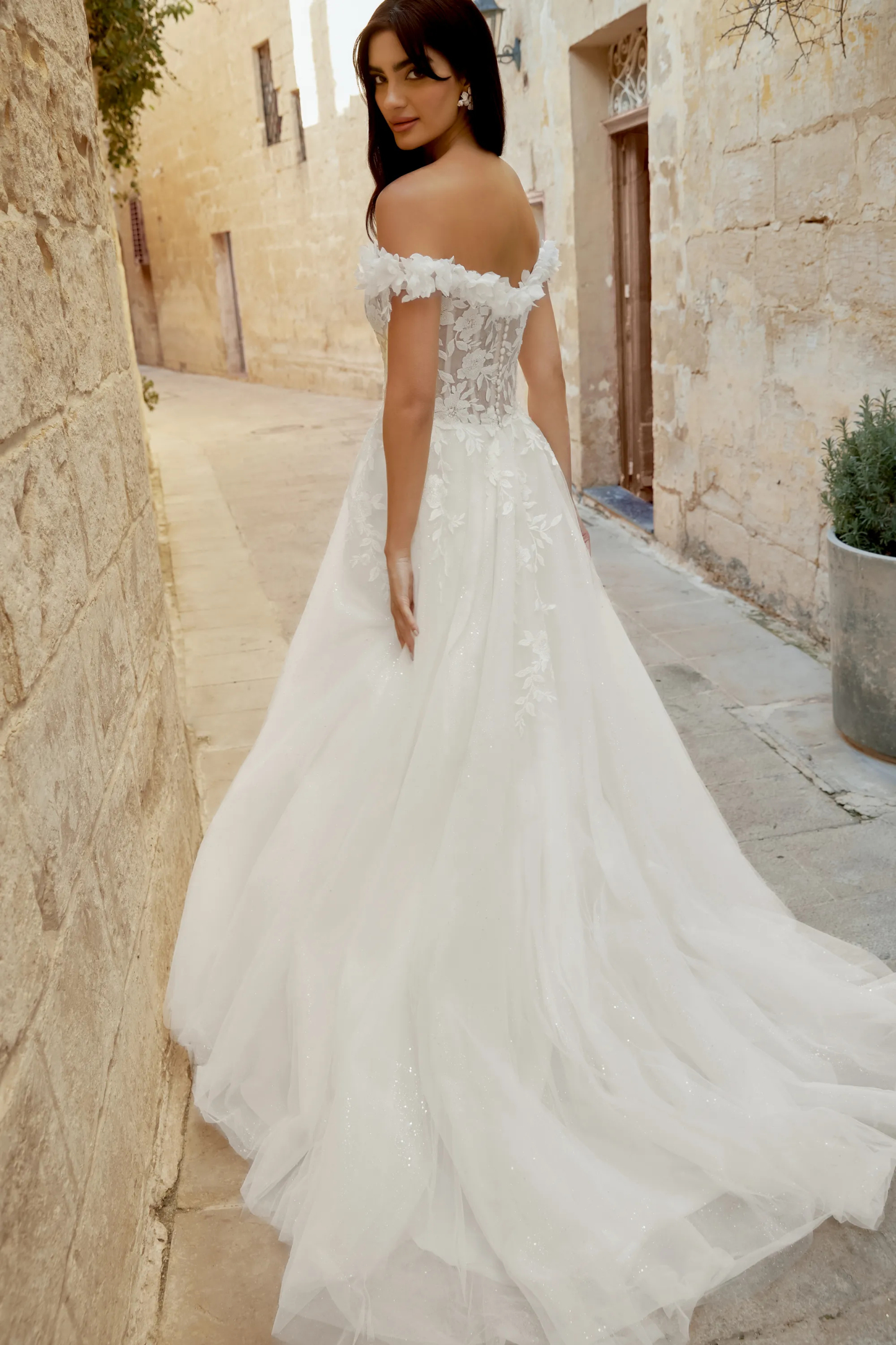 A-Line Off-the-Shoulder 3D PetalsTulle Chapel Length Train Wedding Dress 44500      