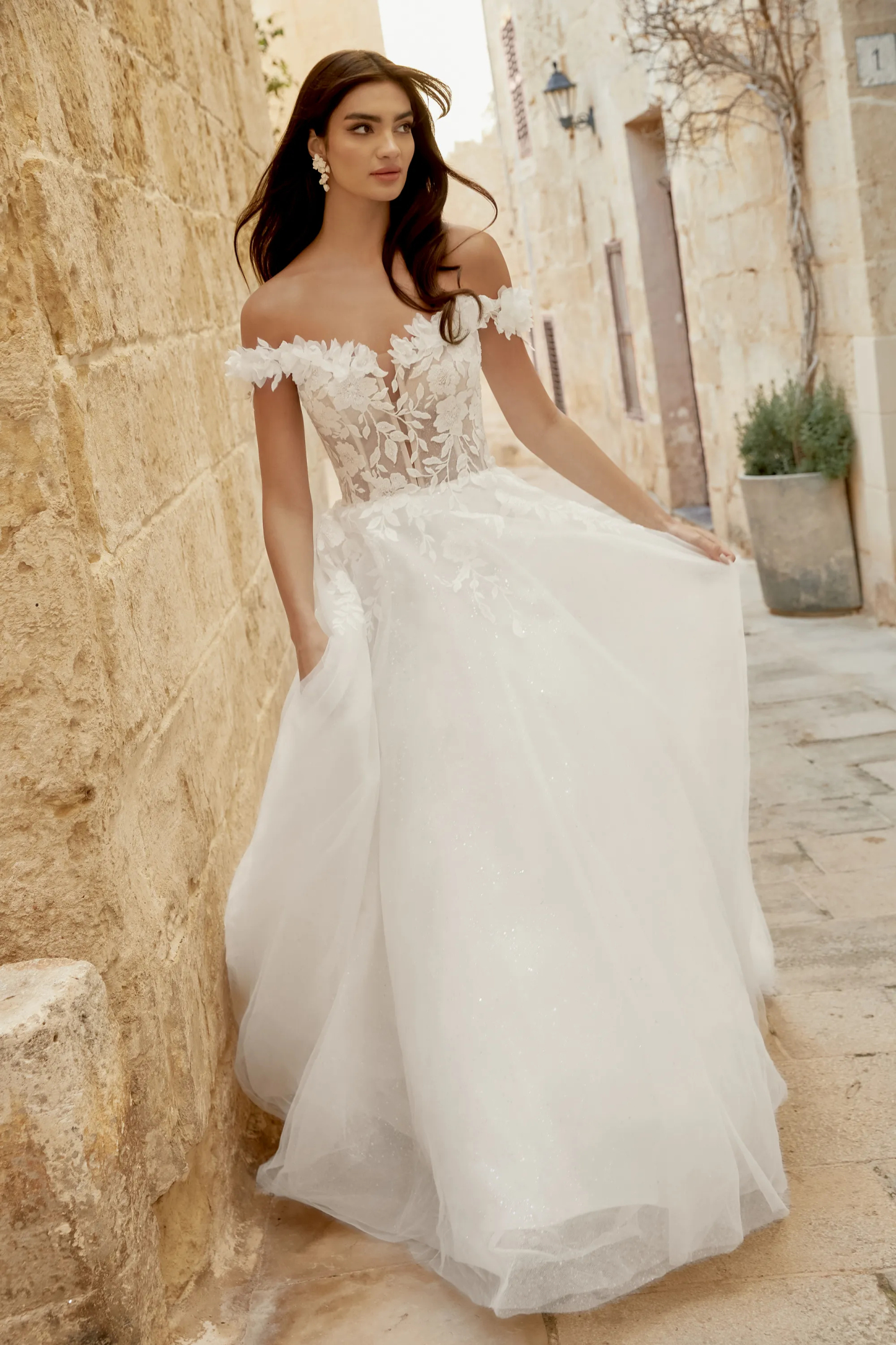 A-Line Off-the-Shoulder 3D PetalsTulle Chapel Length Train Wedding Dre