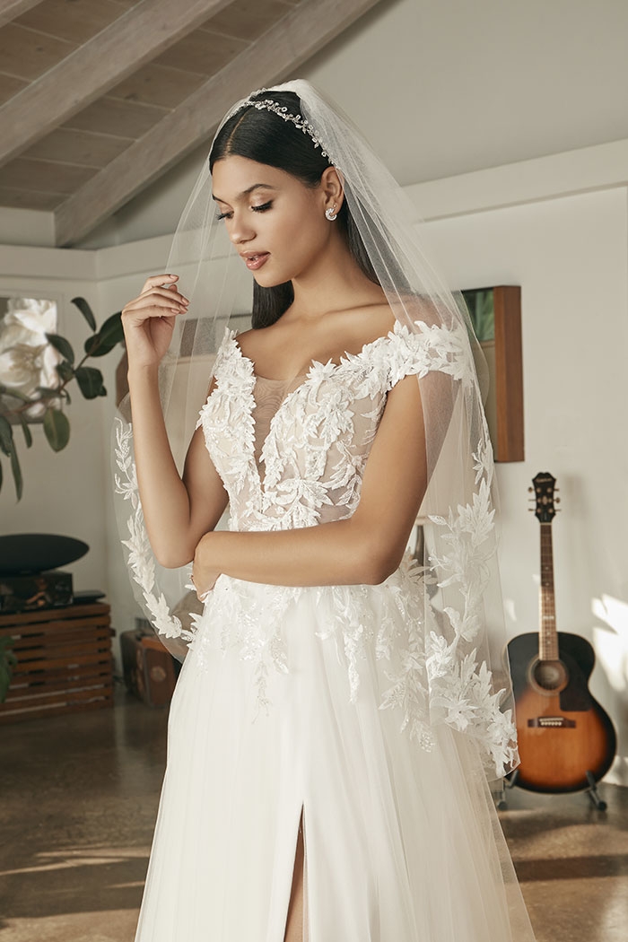 A-Line Plunging Neckline Wedding Dress With Vine Lace Appliques #BL387