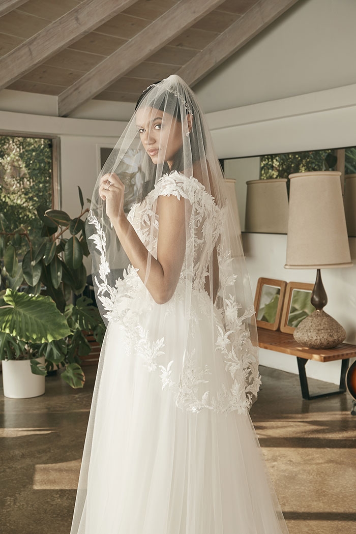 A-Line Plunging Neckline Wedding Dress With Vine Lace Appliques #BL387