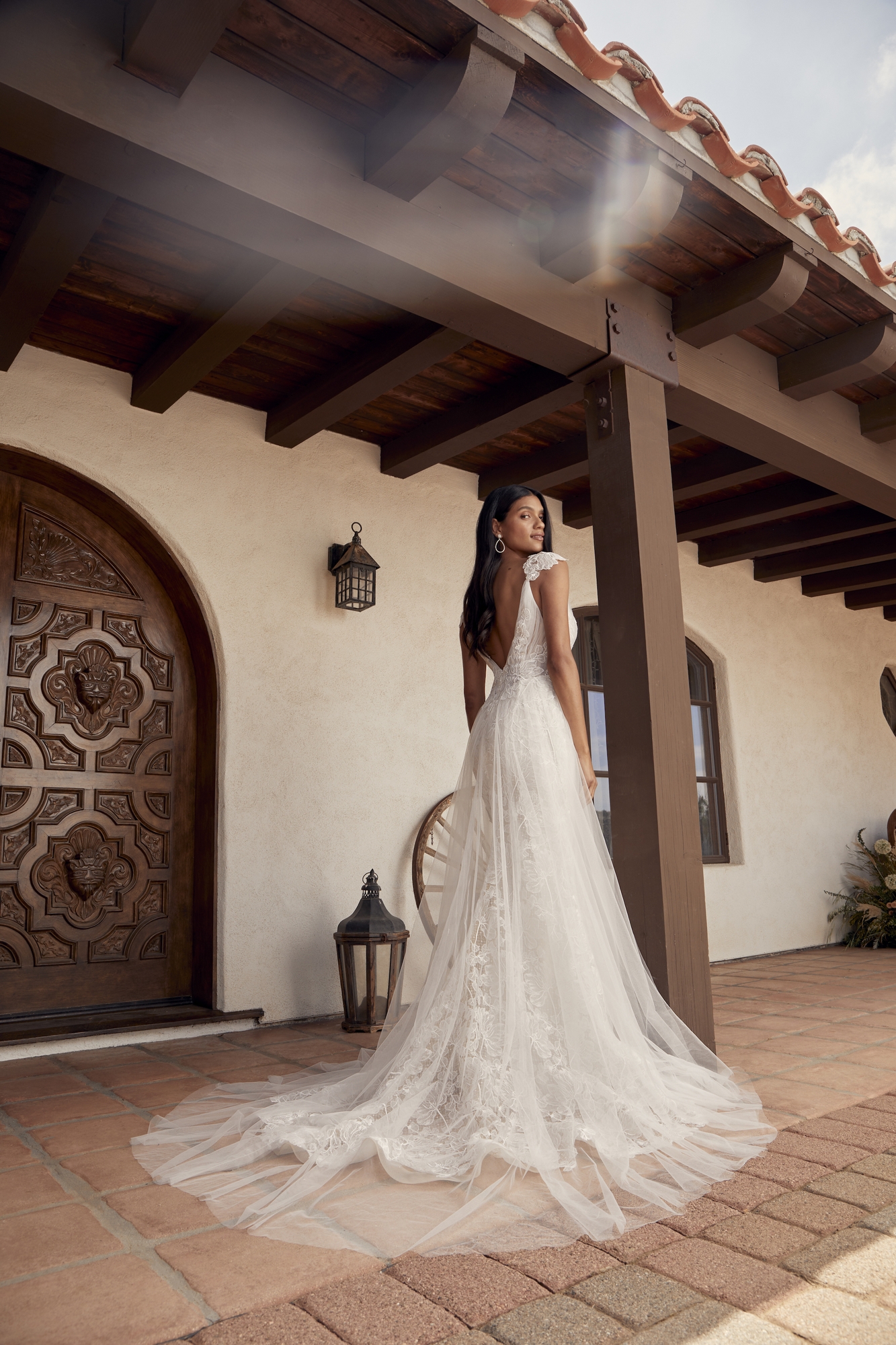 Plunging Neckline Spaghetti Strap Wedding Dress With Embroidered Floral Lace