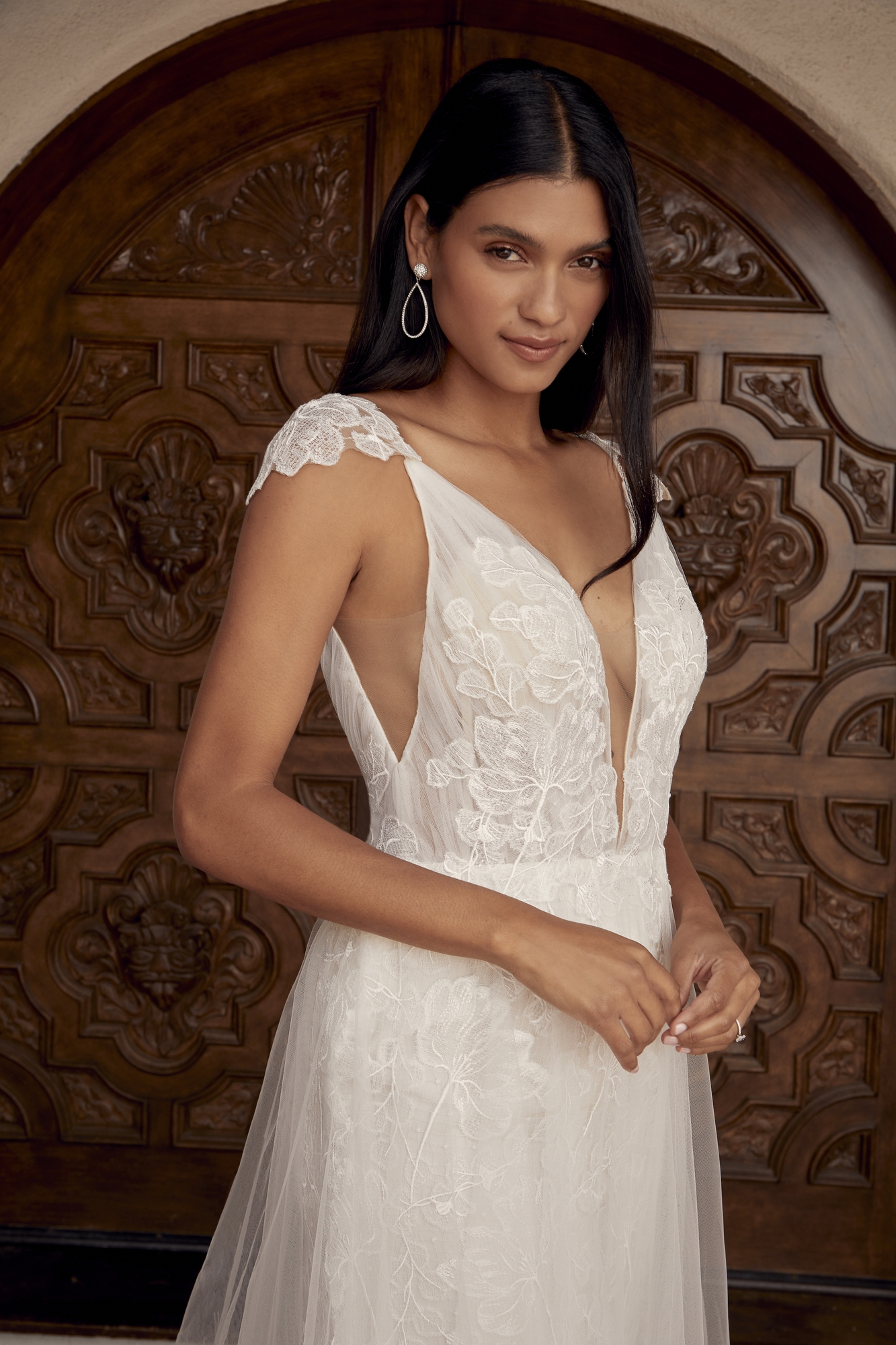 Plunging Neckline Spaghetti Strap Wedding Dress With Embroidered Floral Lace