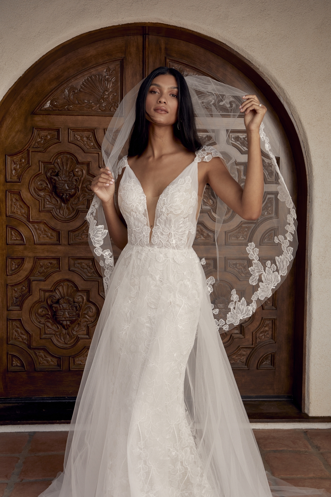 Plunging Neckline Spaghetti Strap Wedding Dress With Embroidered Floral Lace