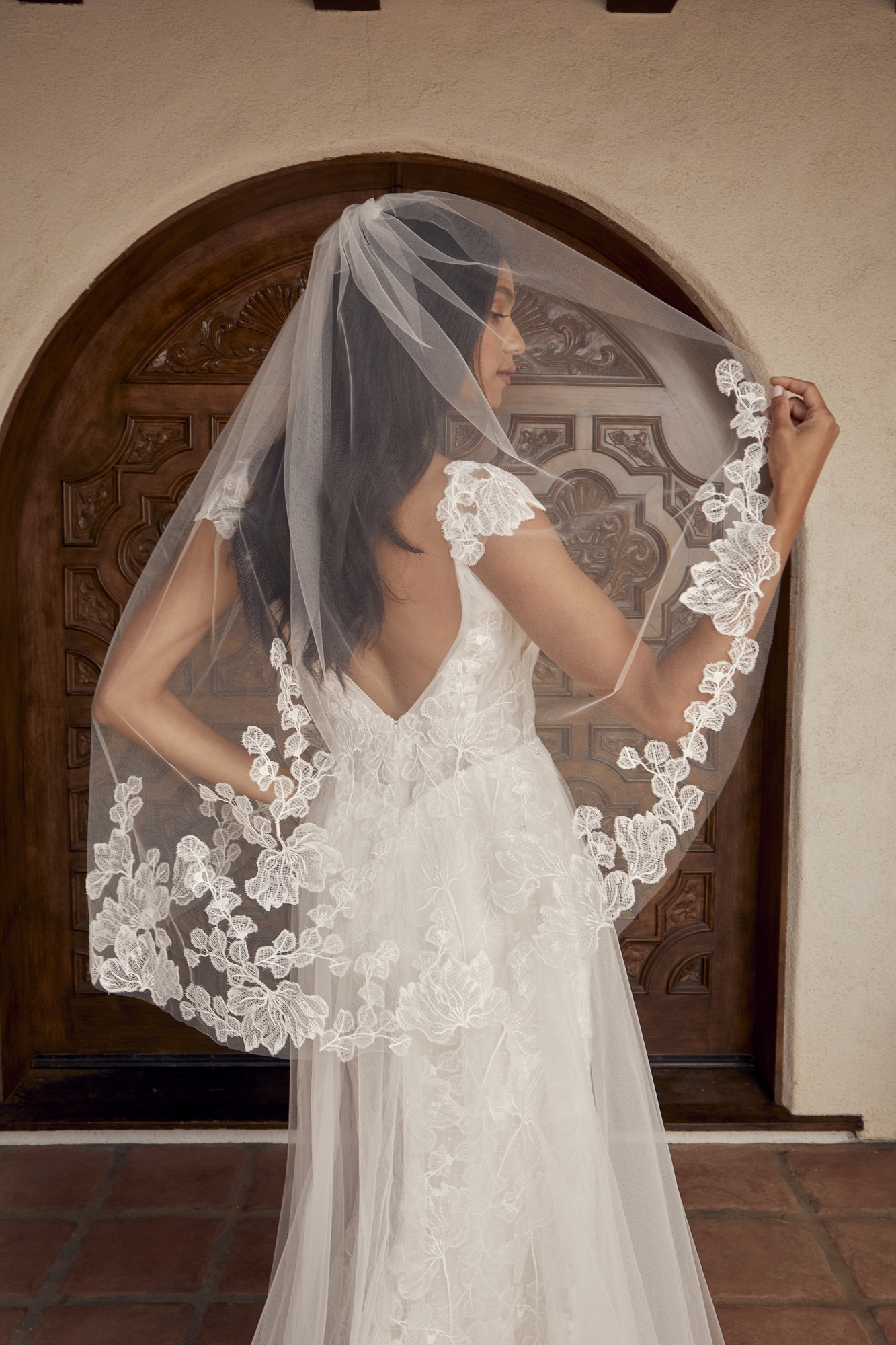 Plunging Neckline Spaghetti Strap Wedding Dress With Embroidered Floral Lace