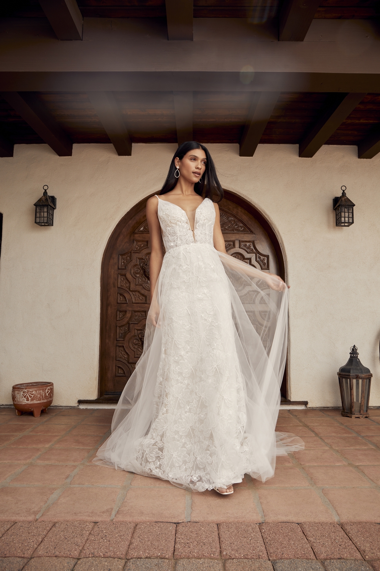 Plunging Neckline Spaghetti Strap Wedding Dress With Embroidered Floral Lace