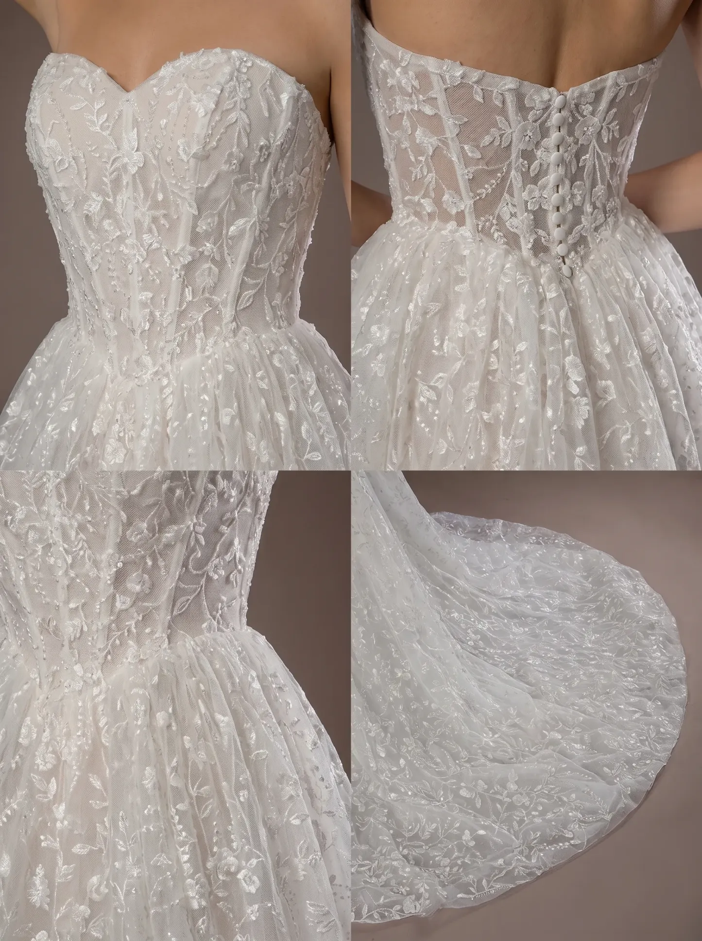 Romantic Floral Lace Strapless A-Line Wedding Dress | Sweetheart Corset Bridal Gown with Chapel Train W6001