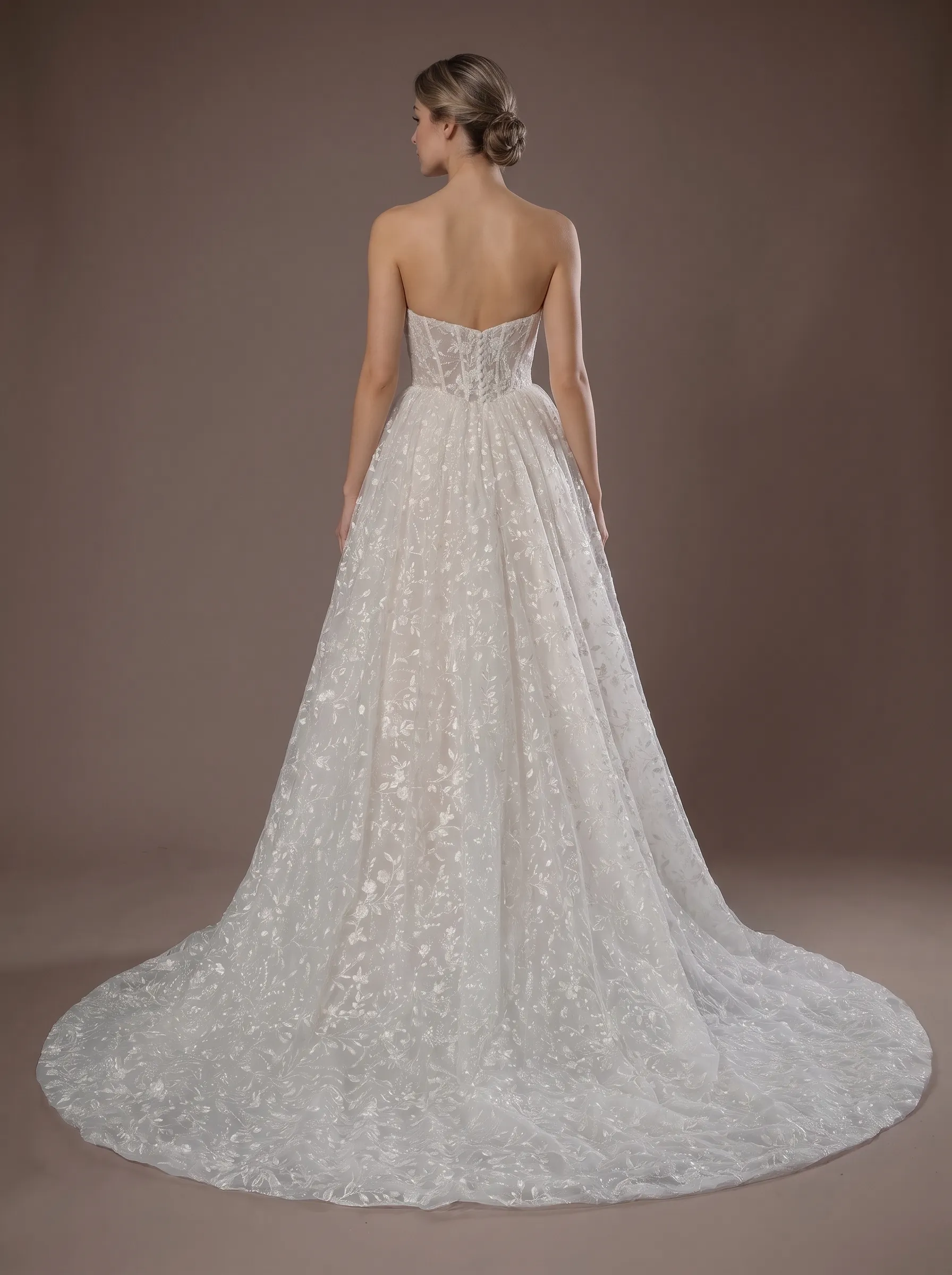 Romantic Floral Lace Strapless A-Line Wedding Dress | Sweetheart Corset Bridal Gown with Chapel Train W6001