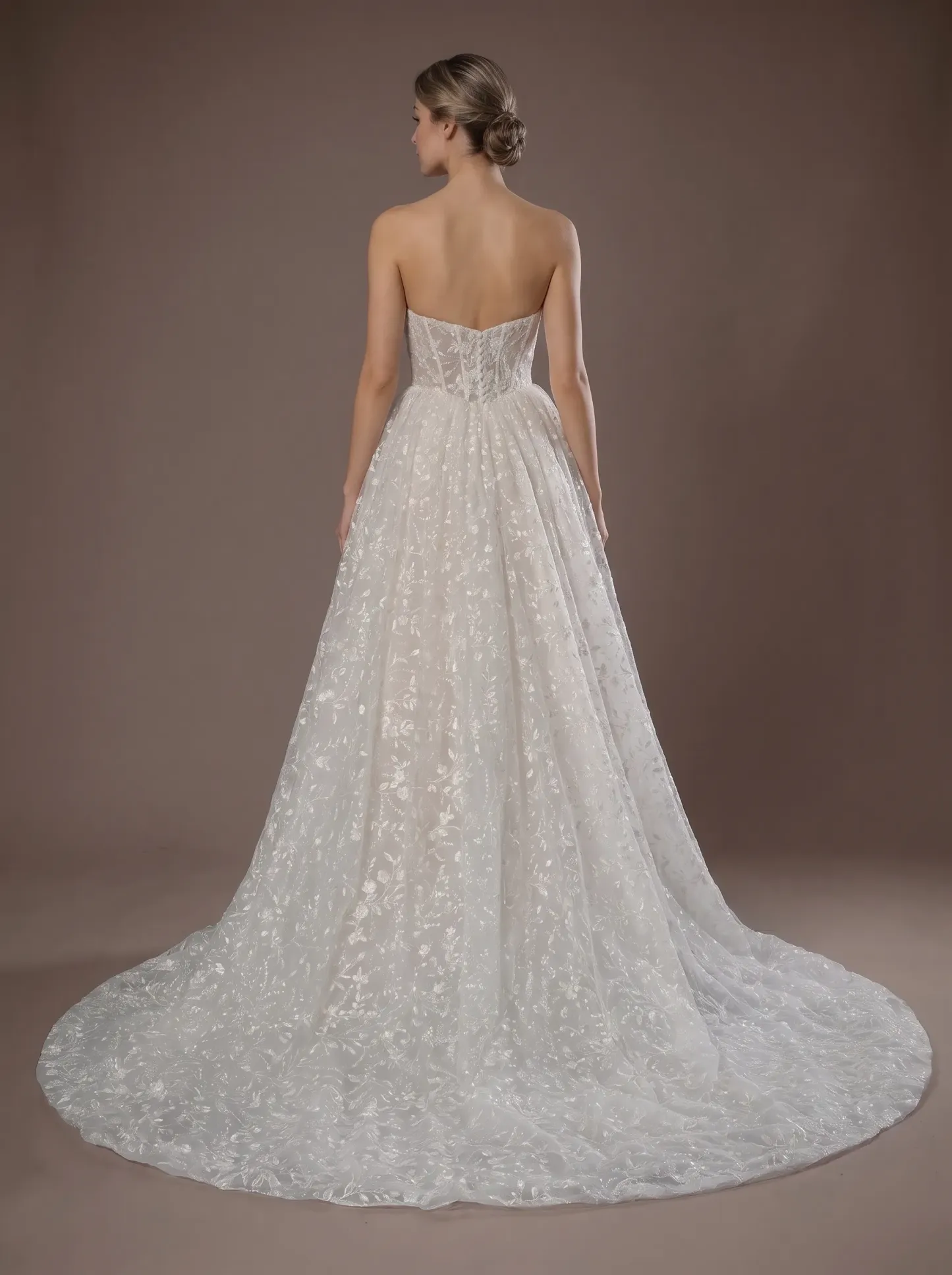 Romantic Floral Lace Strapless A-Line Wedding Dress | Sweetheart Corset Bridal Gown with Chapel Train W6001