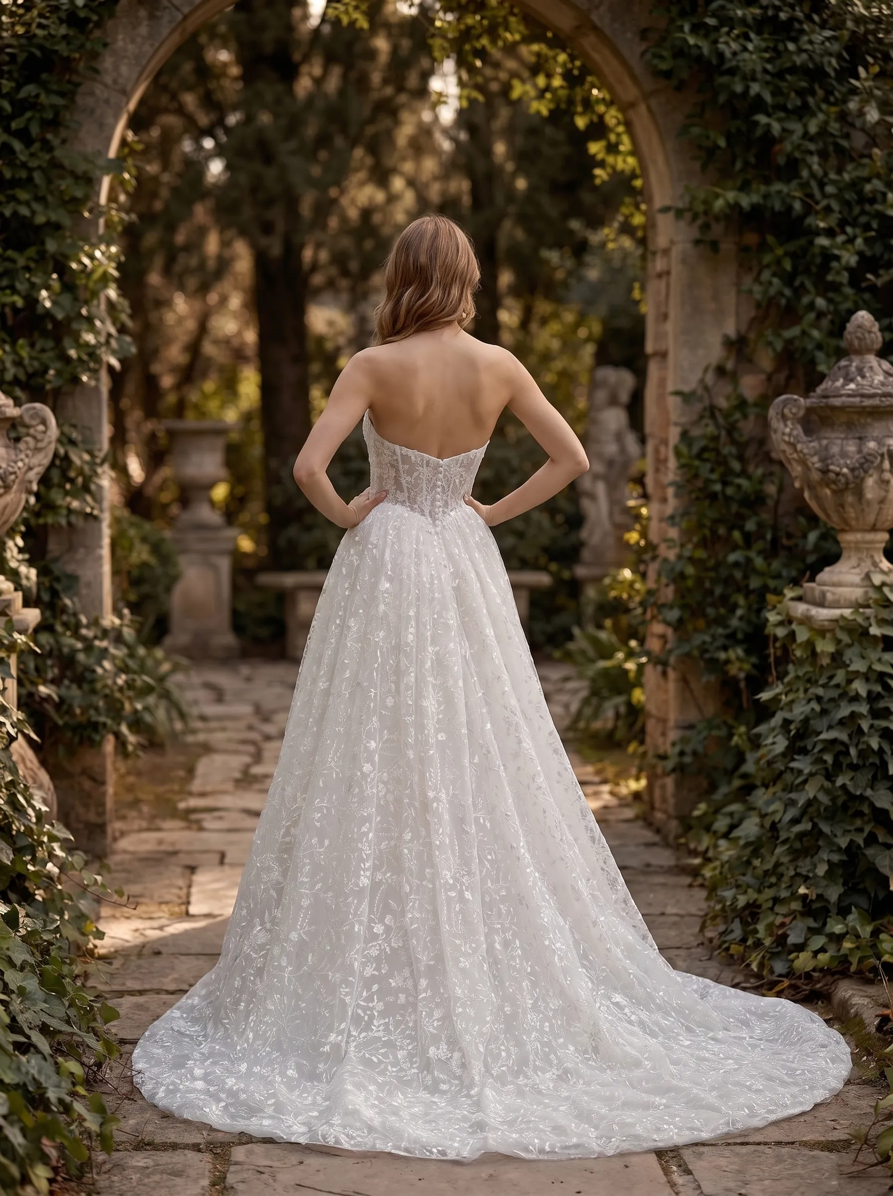 Romantic Floral Lace Strapless A-Line Wedding Dress | Sweetheart Corset Bridal Gown with Chapel Train W6001