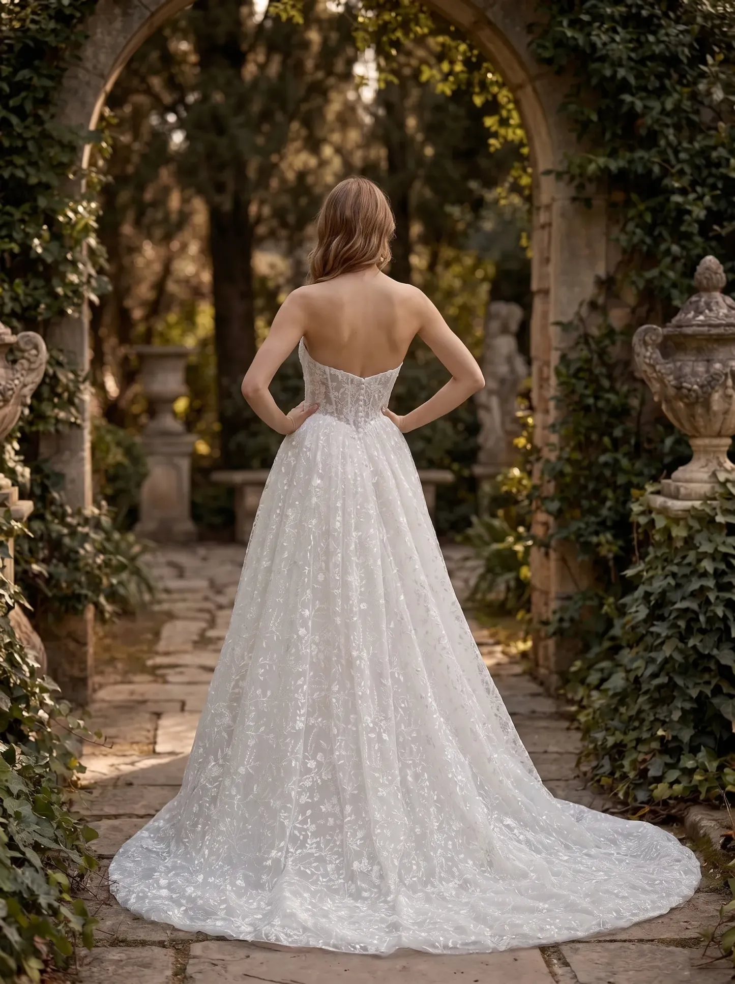 Romantic Floral Lace Strapless A-Line Wedding Dress | Sweetheart Corset Bridal Gown with Chapel Train W6001