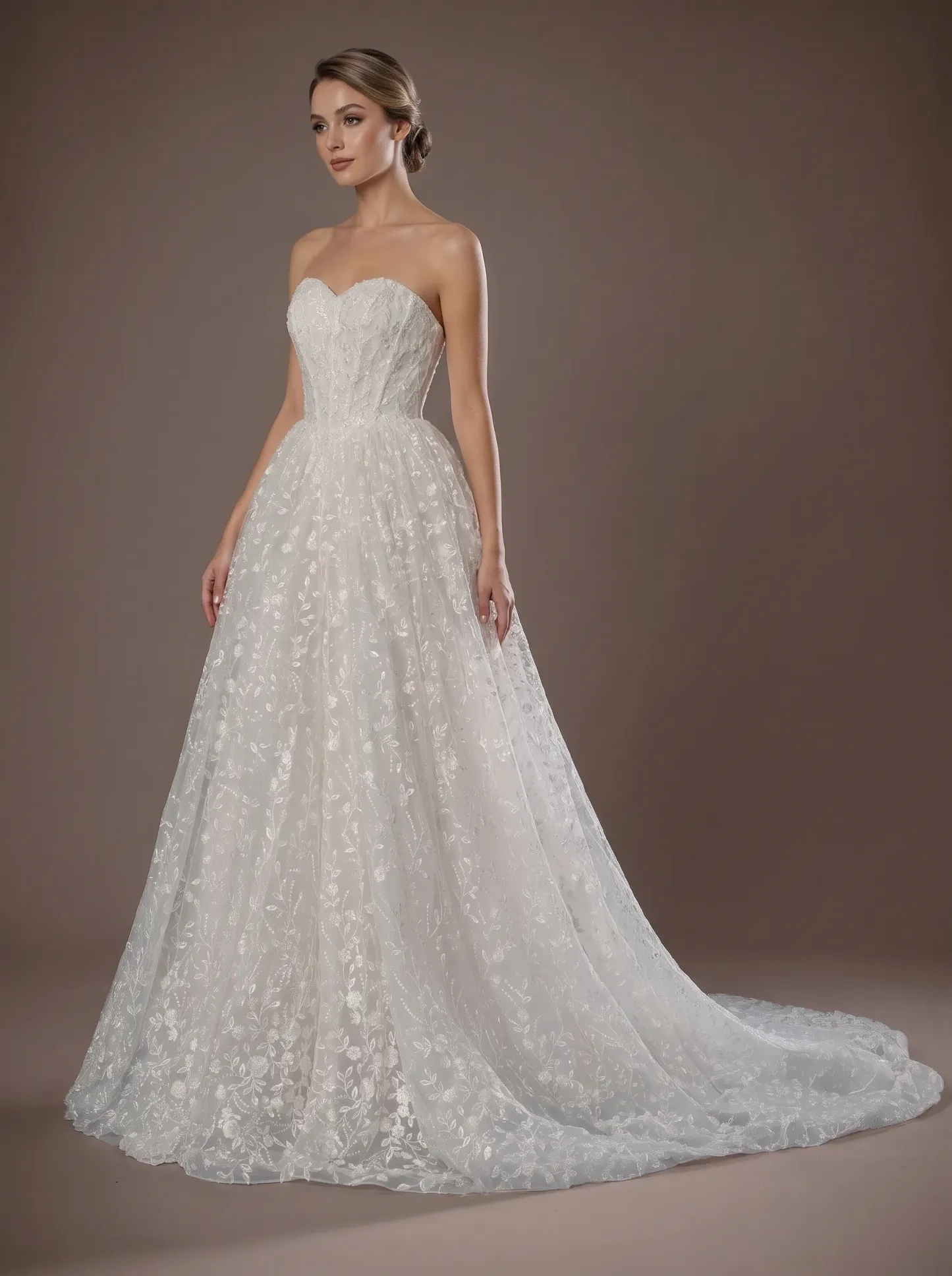 Romantic Floral Lace Strapless A-Line Wedding Dress | Sweetheart Corset Bridal Gown with Chapel Train W6001