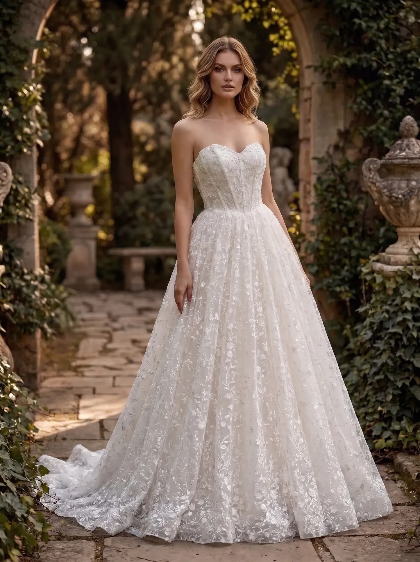 Romantic Floral Lace Strapless A-Line Wedding Dress | Sweetheart Corset Bridal Gown with Chapel Train W6001