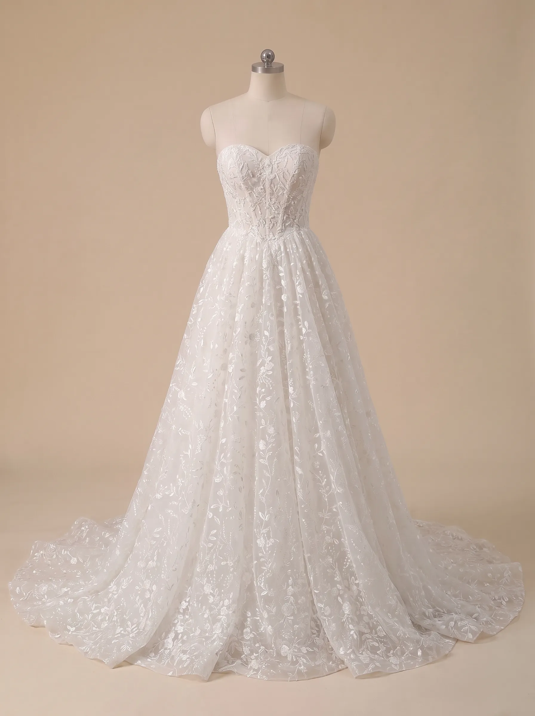 Romantic Floral Lace Strapless A-Line Wedding Dress | Sweetheart Corset Bridal Gown with Chapel Train W6001