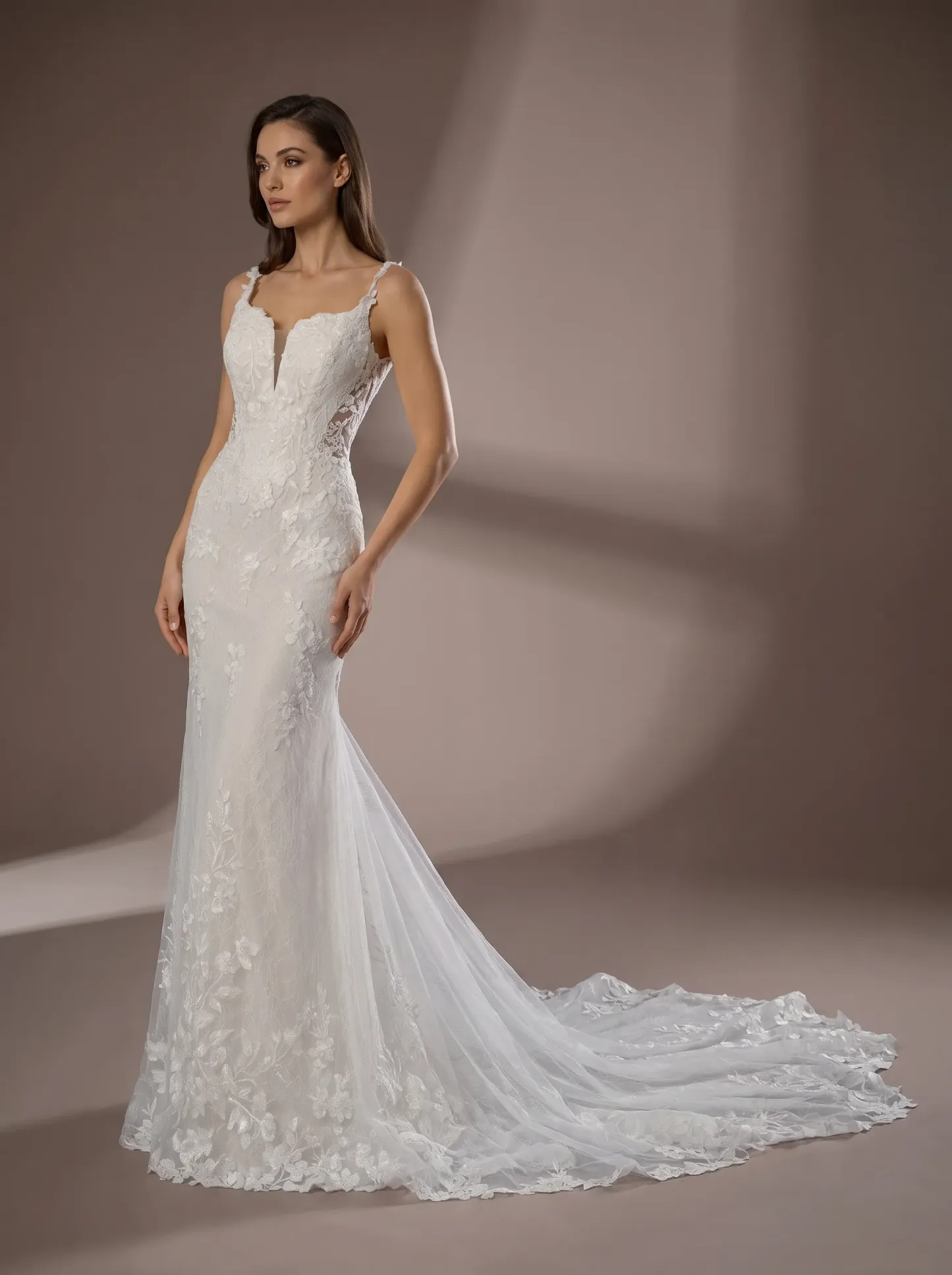 Romantic Floral Lace Mermaid Wedding Dress | Plunging V-Neck Spaghetti Strap Bridal Gown with Sweep Train W6005