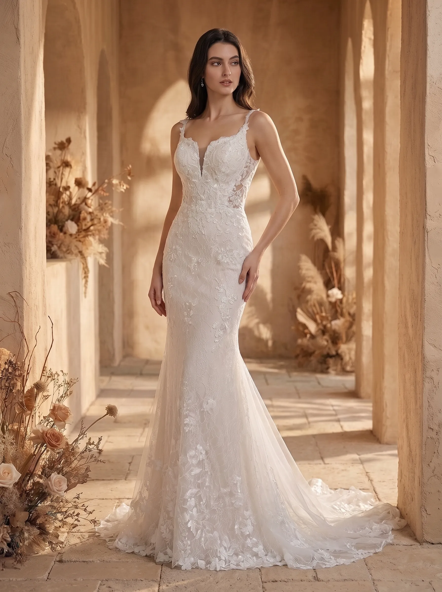 Romantic Floral Lace Mermaid Wedding Dress | Plunging V-Neck Spaghetti Strap Bridal Gown with Sweep Train W6005