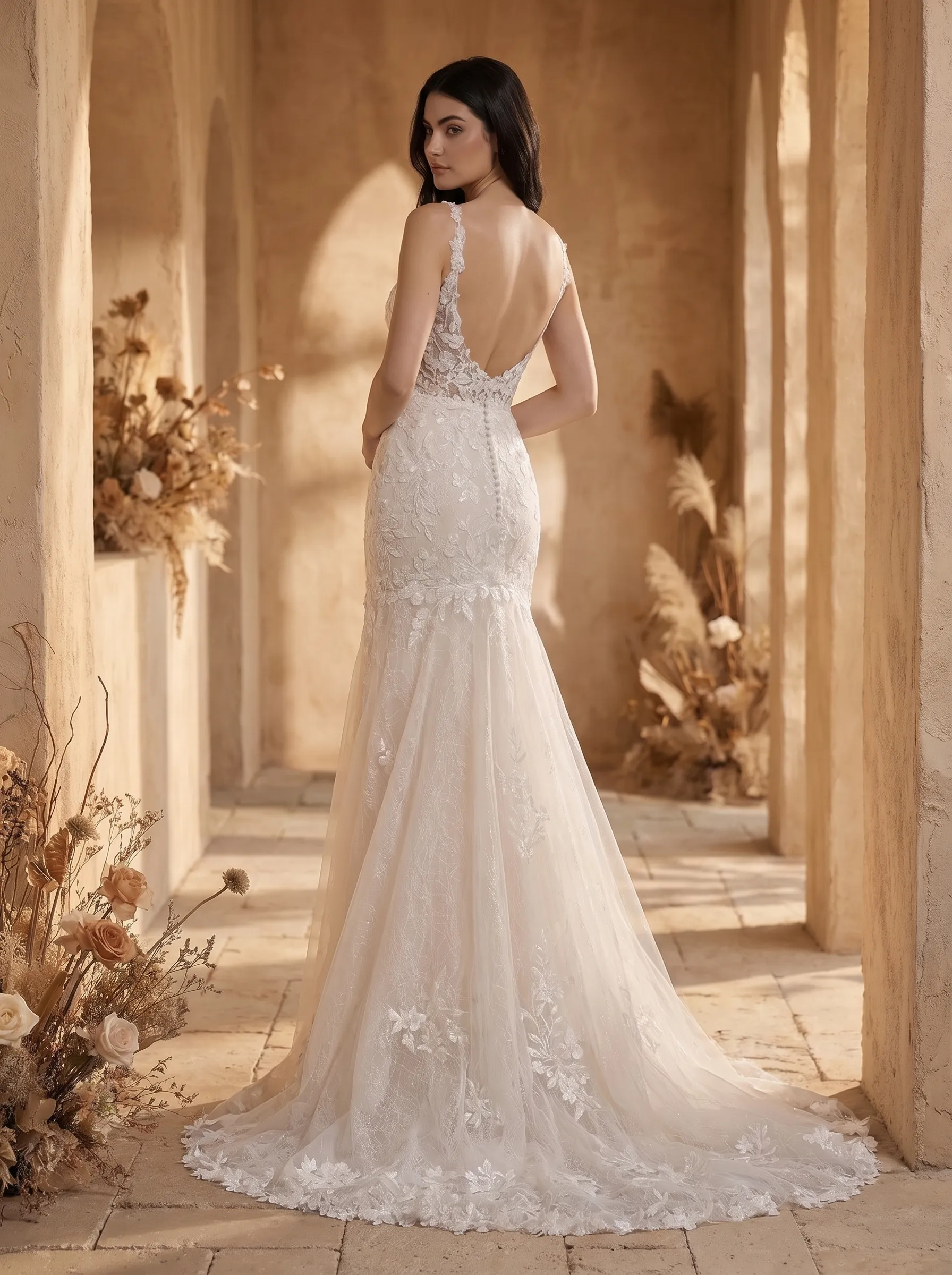 Romantic Floral Lace Mermaid Wedding Dress | Plunging V-Neck Spaghetti Strap Bridal Gown with Sweep Train W6005