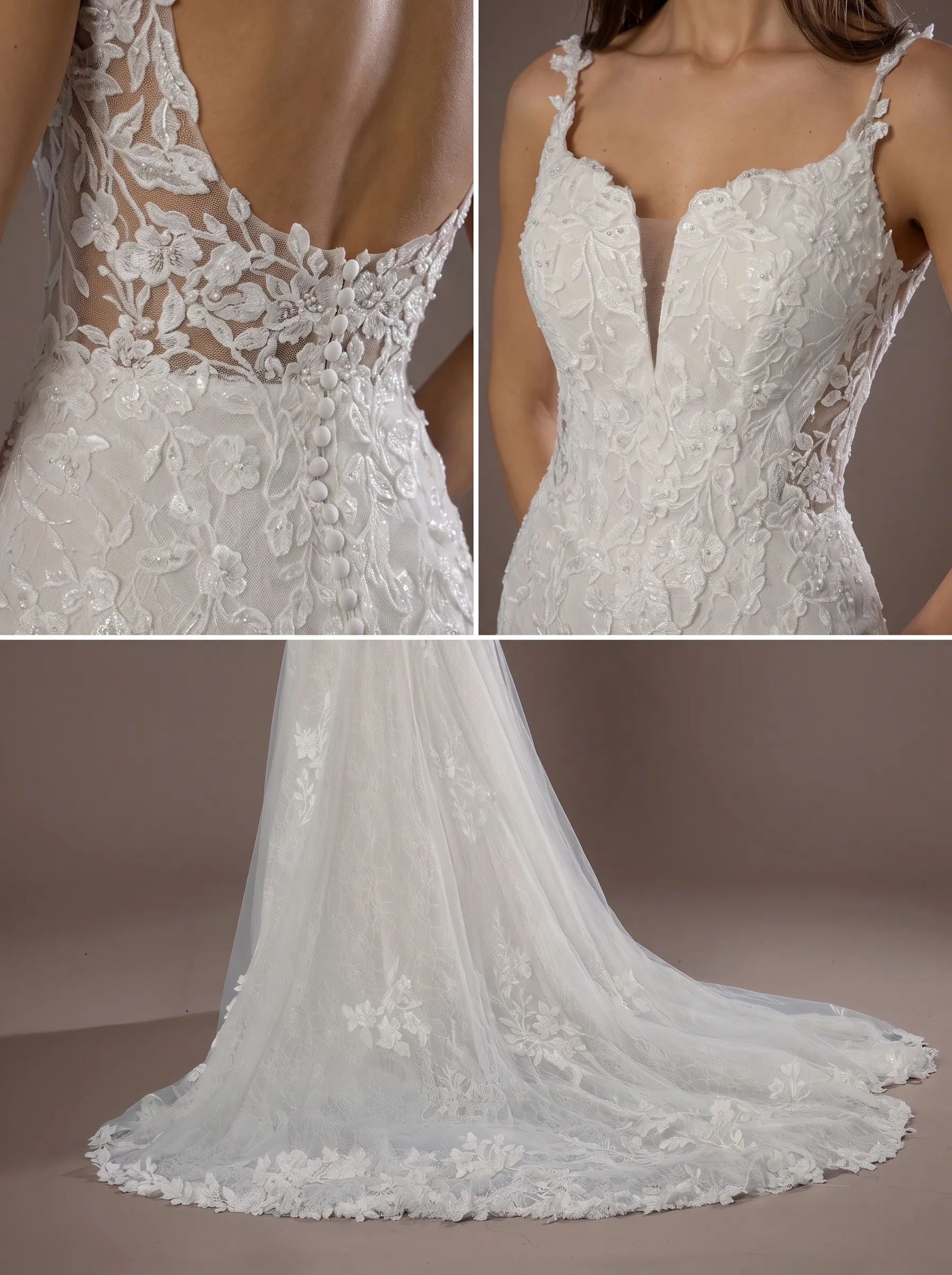 Romantic Floral Lace Mermaid Wedding Dress | Plunging V-Neck Spaghetti Strap Bridal Gown with Sweep Train W6005