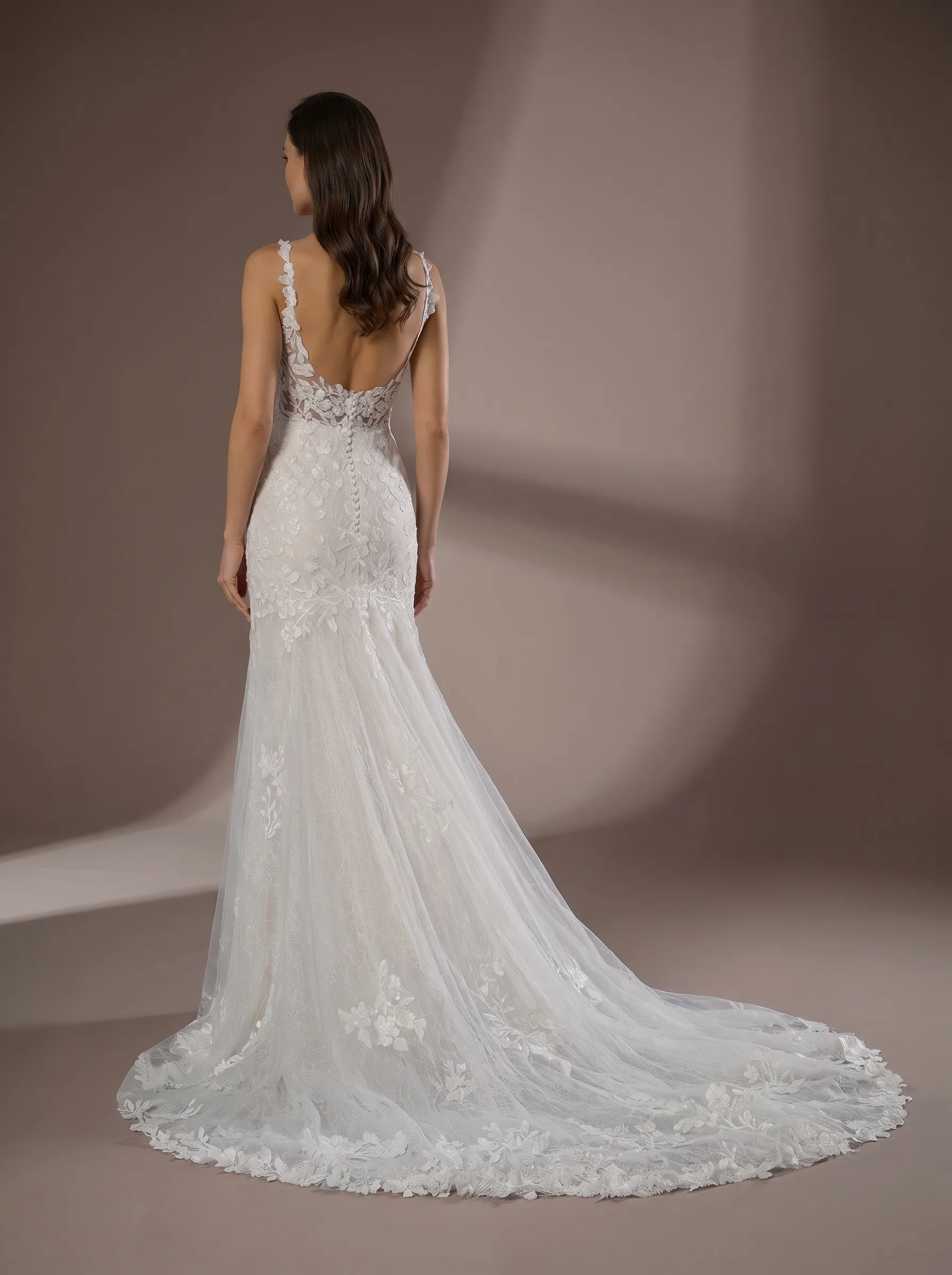 Romantic Floral Lace Mermaid Wedding Dress | Plunging V-Neck Spaghetti Strap Bridal Gown with Sweep Train W6005