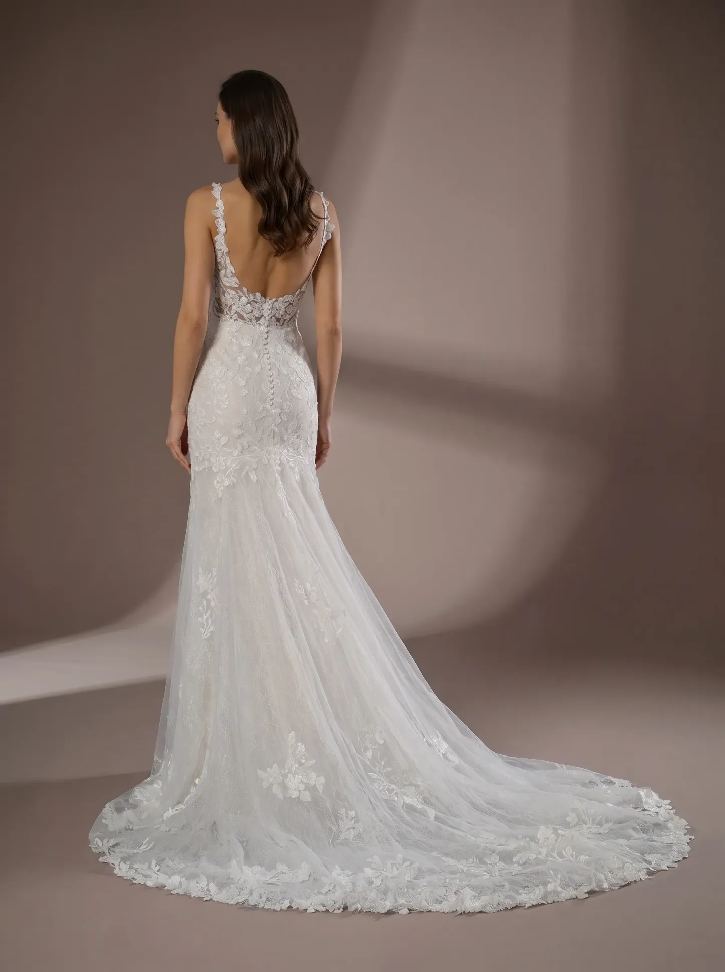 Romantic Floral Lace Mermaid Wedding Dress | Plunging V-Neck Spaghetti Strap Bridal Gown with Sweep Train W6005