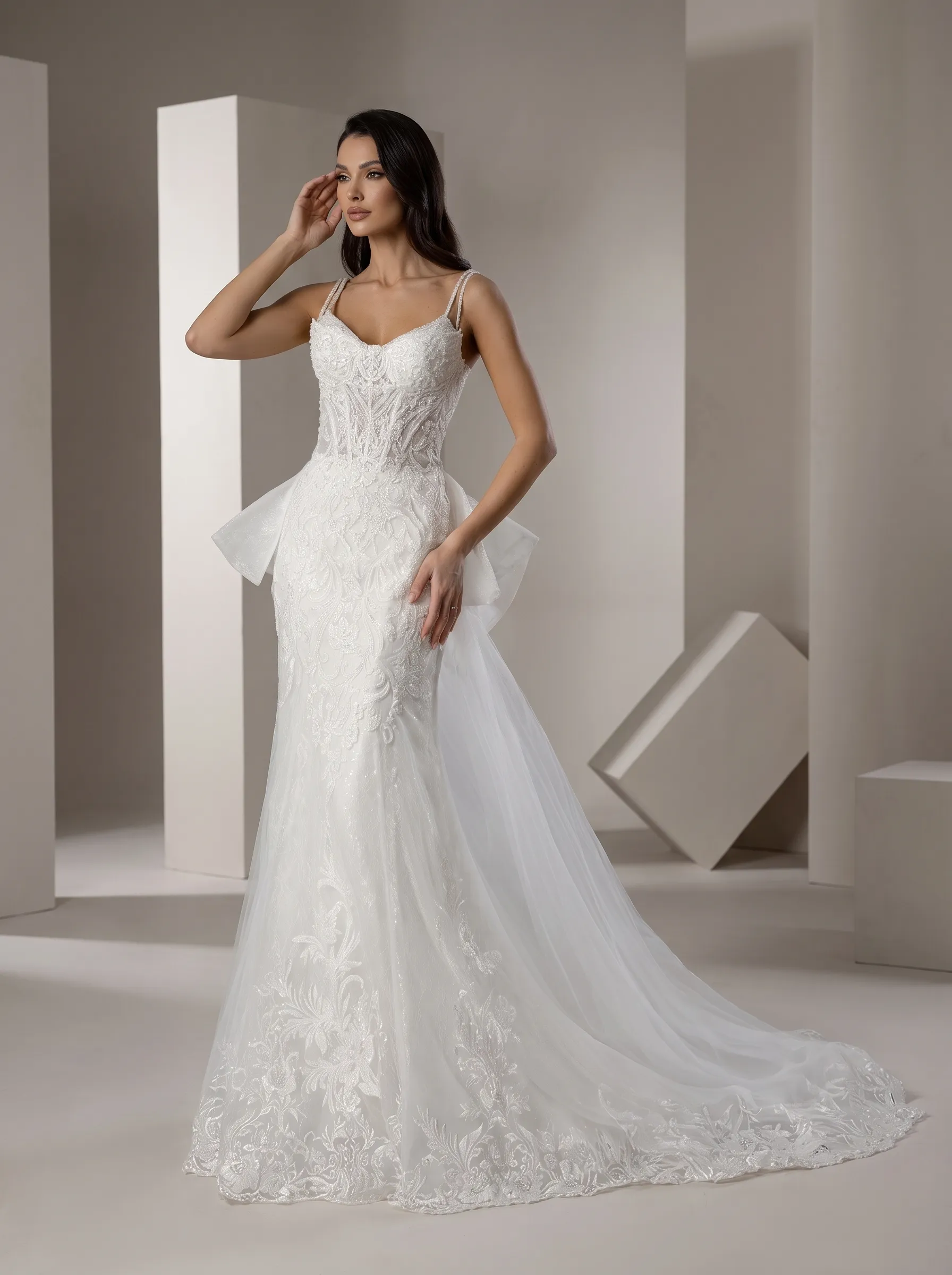 2-Way Convertible Lace Mermaid Wedding Dress | Corset Sweetheart Bridal Gown with Detachable Tulle Bow Overskirt Train W6006