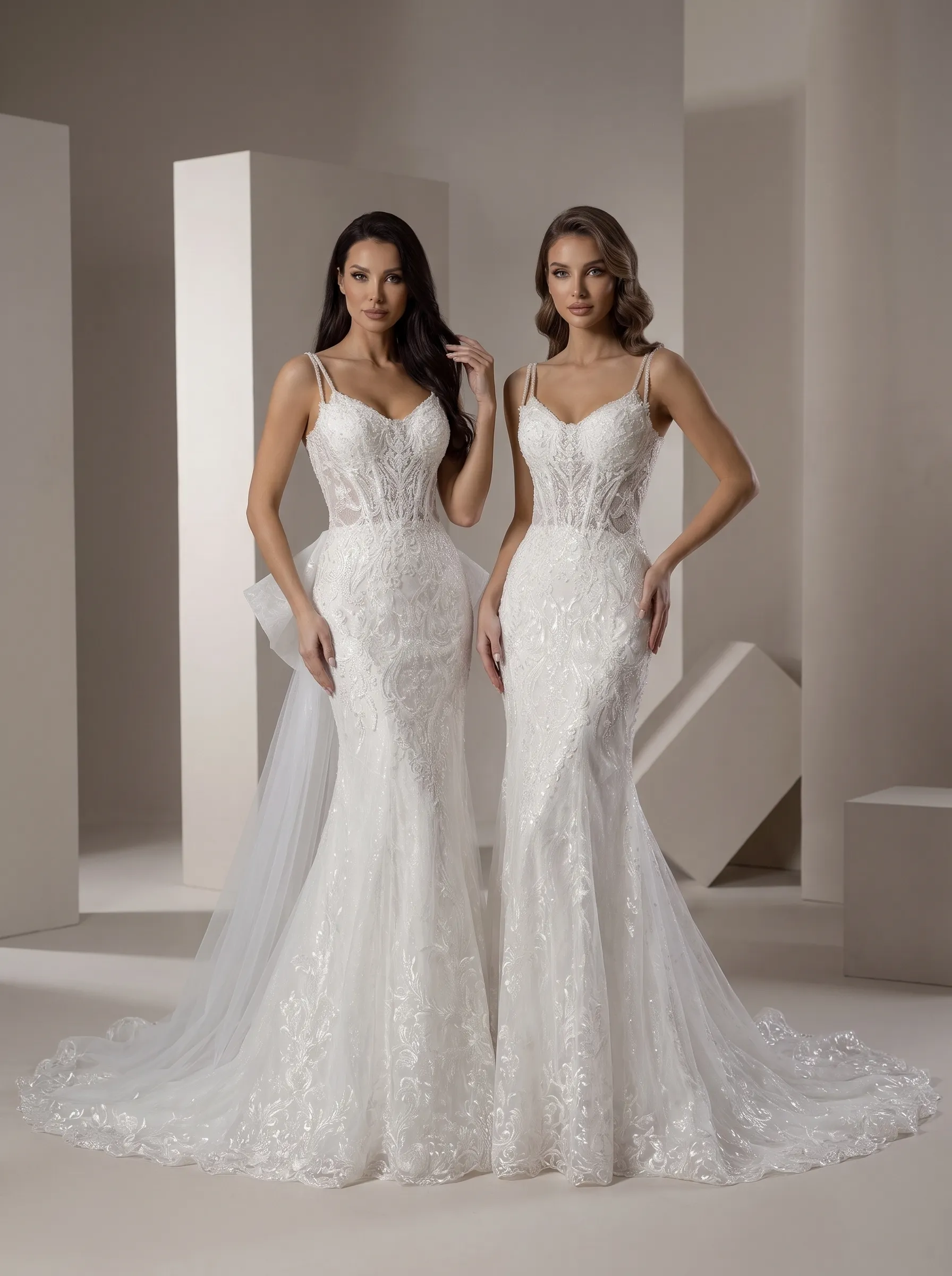 2-Way Convertible Lace Mermaid Wedding Dress | Corset Sweetheart Bridal Gown with Detachable Tulle Bow Overskirt Train W6006