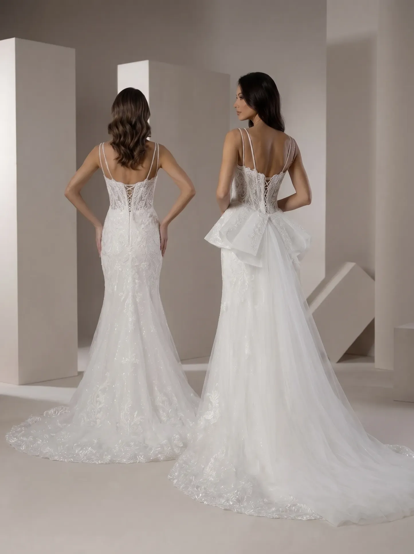 2-Way Convertible Lace Mermaid Wedding Dress | Corset Sweetheart Bridal Gown with Detachable Tulle Bow Overskirt Train W6006
