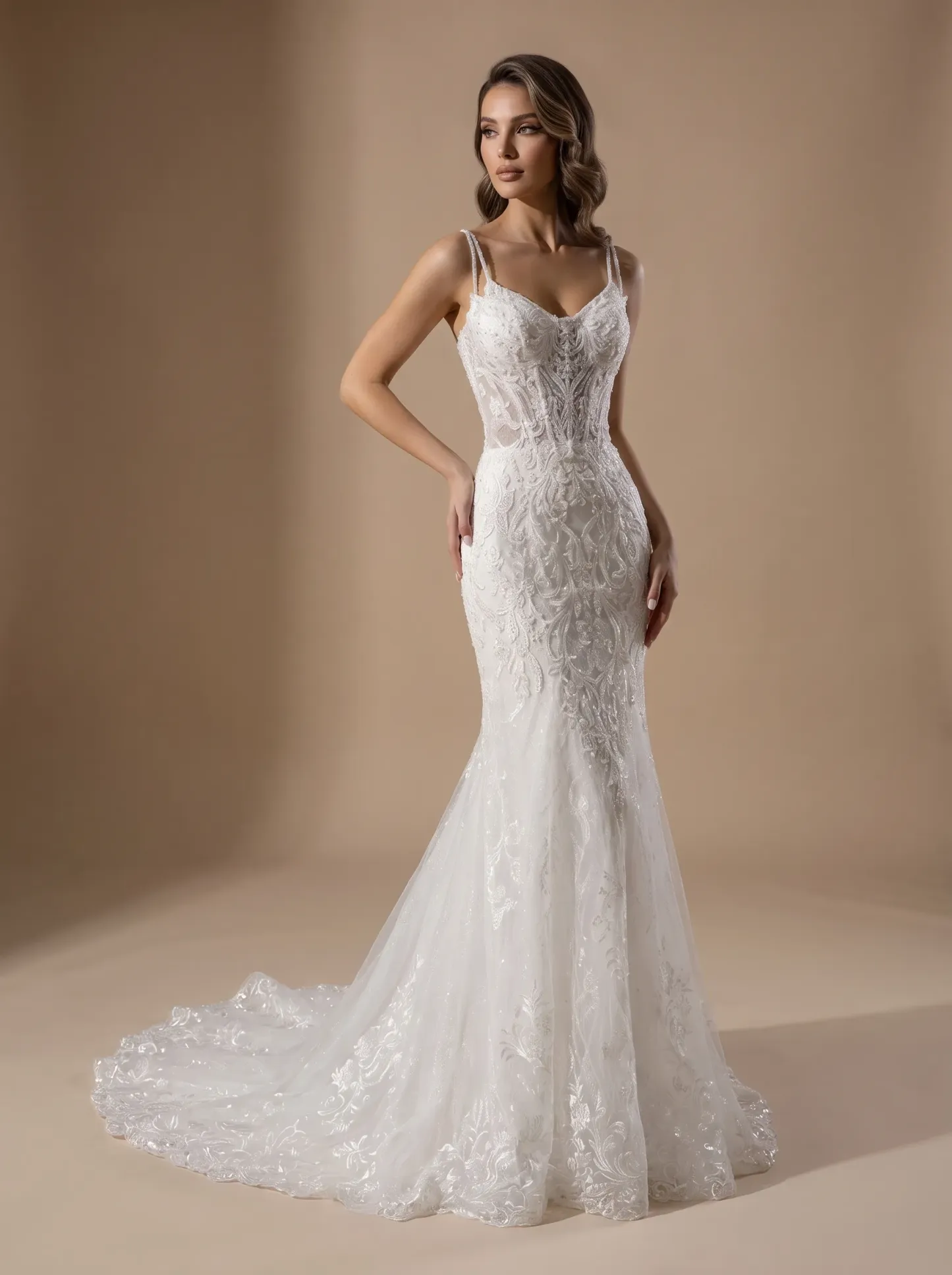 2-Way Convertible Lace Mermaid Wedding Dress | Corset Sweetheart Bridal Gown with Detachable Tulle Bow Overskirt Train W6006