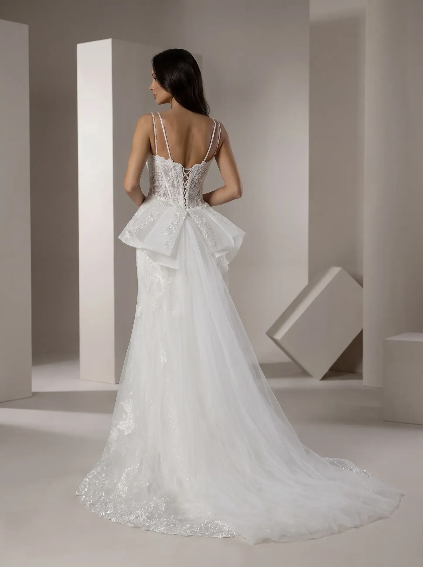 2-Way Convertible Lace Mermaid Wedding Dress | Corset Sweetheart Bridal Gown with Detachable Tulle Bow Overskirt Train W6006