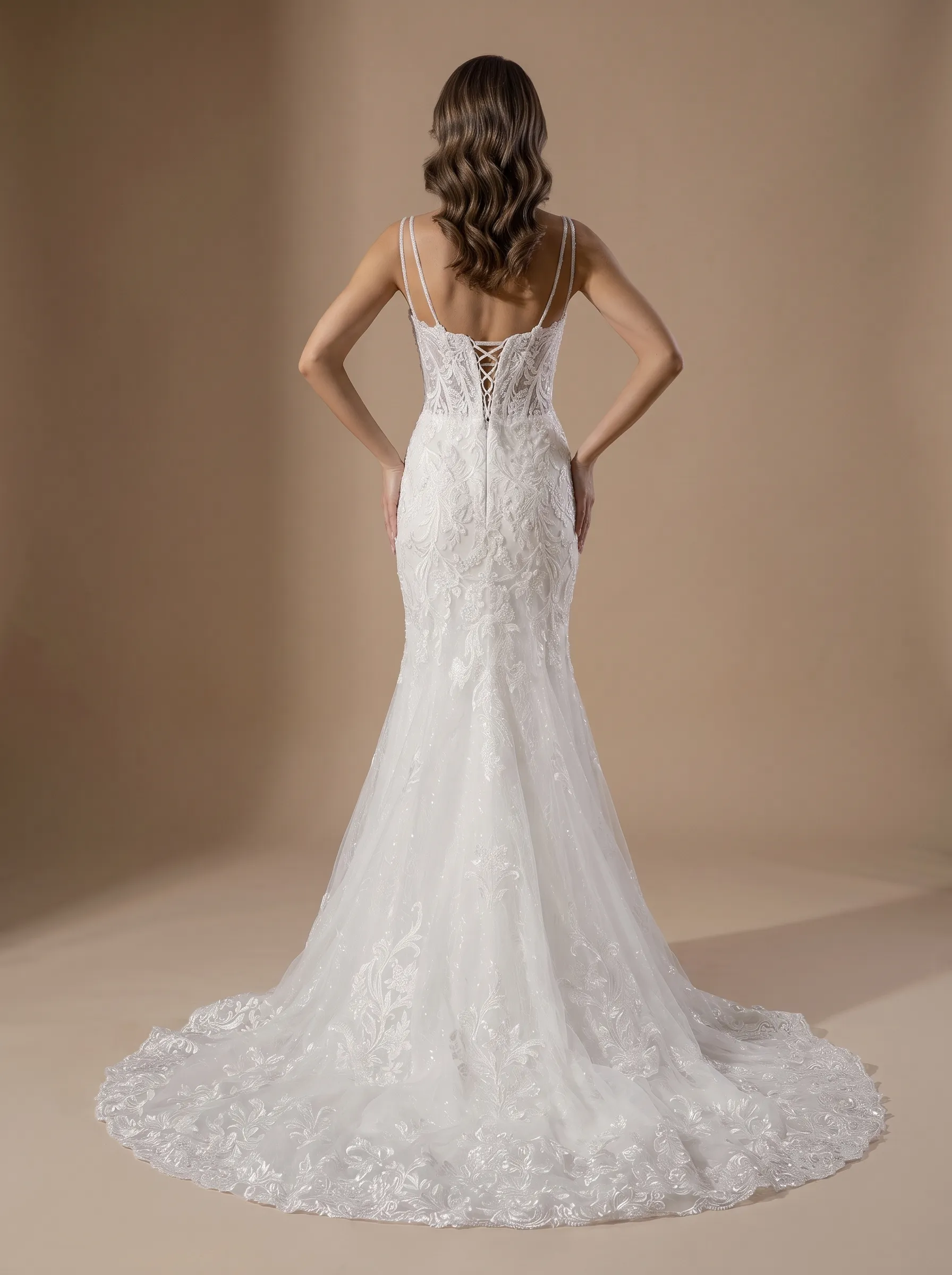 2-Way Convertible Lace Mermaid Wedding Dress | Corset Sweetheart Bridal Gown with Detachable Tulle Bow Overskirt Train W6006