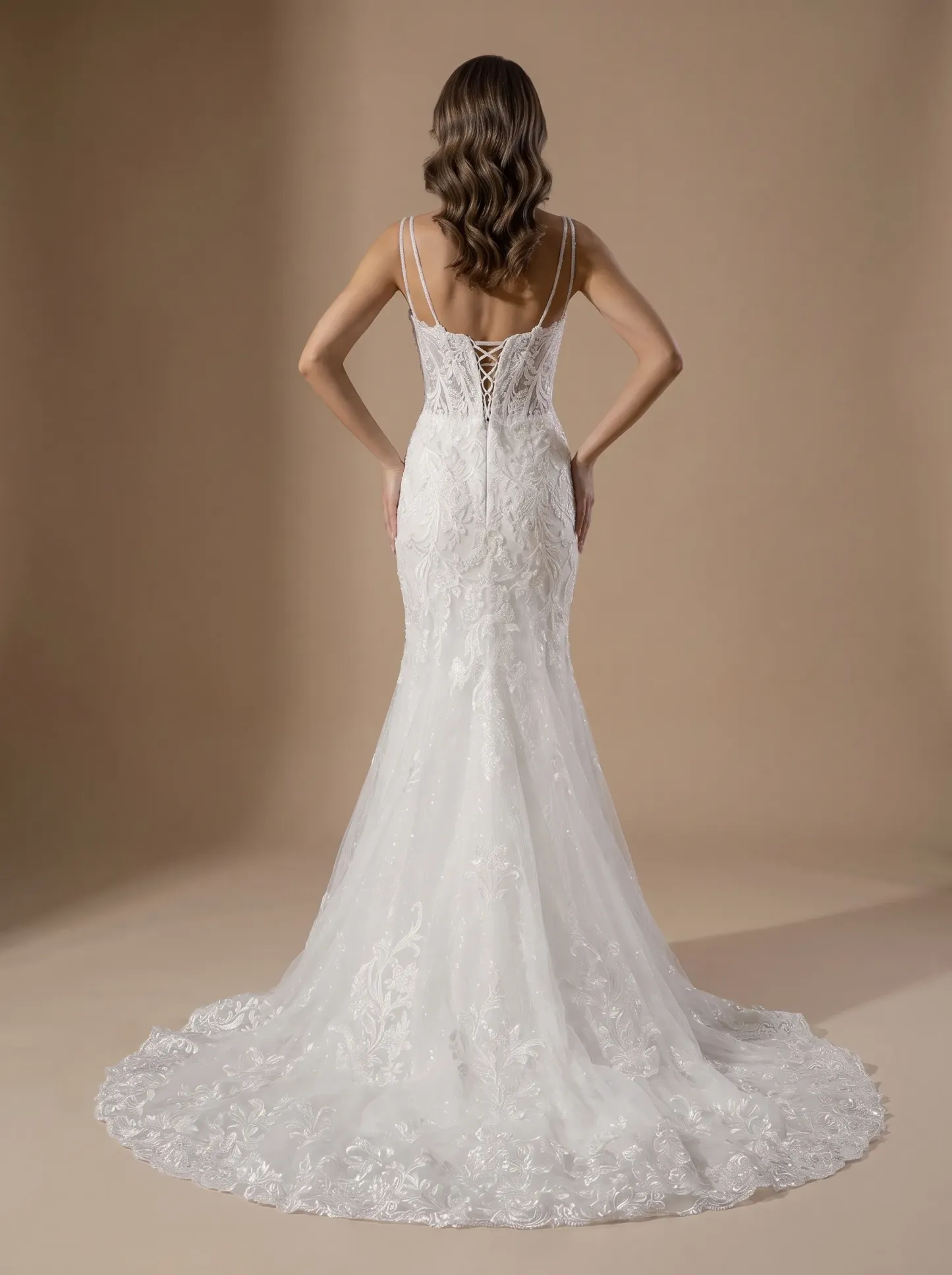 2-Way Convertible Lace Mermaid Wedding Dress | Corset Sweetheart Bridal Gown with Detachable Tulle Bow Overskirt Train W6006