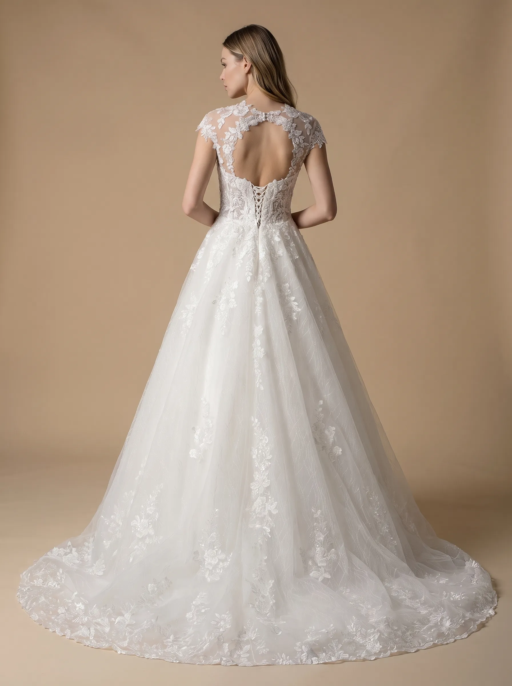 Romantic Cap Sleeve Floral Lace A-Line Wedding Dress | Sweetheart Corset Tulle Bridal Gown with Chapel Train W6007